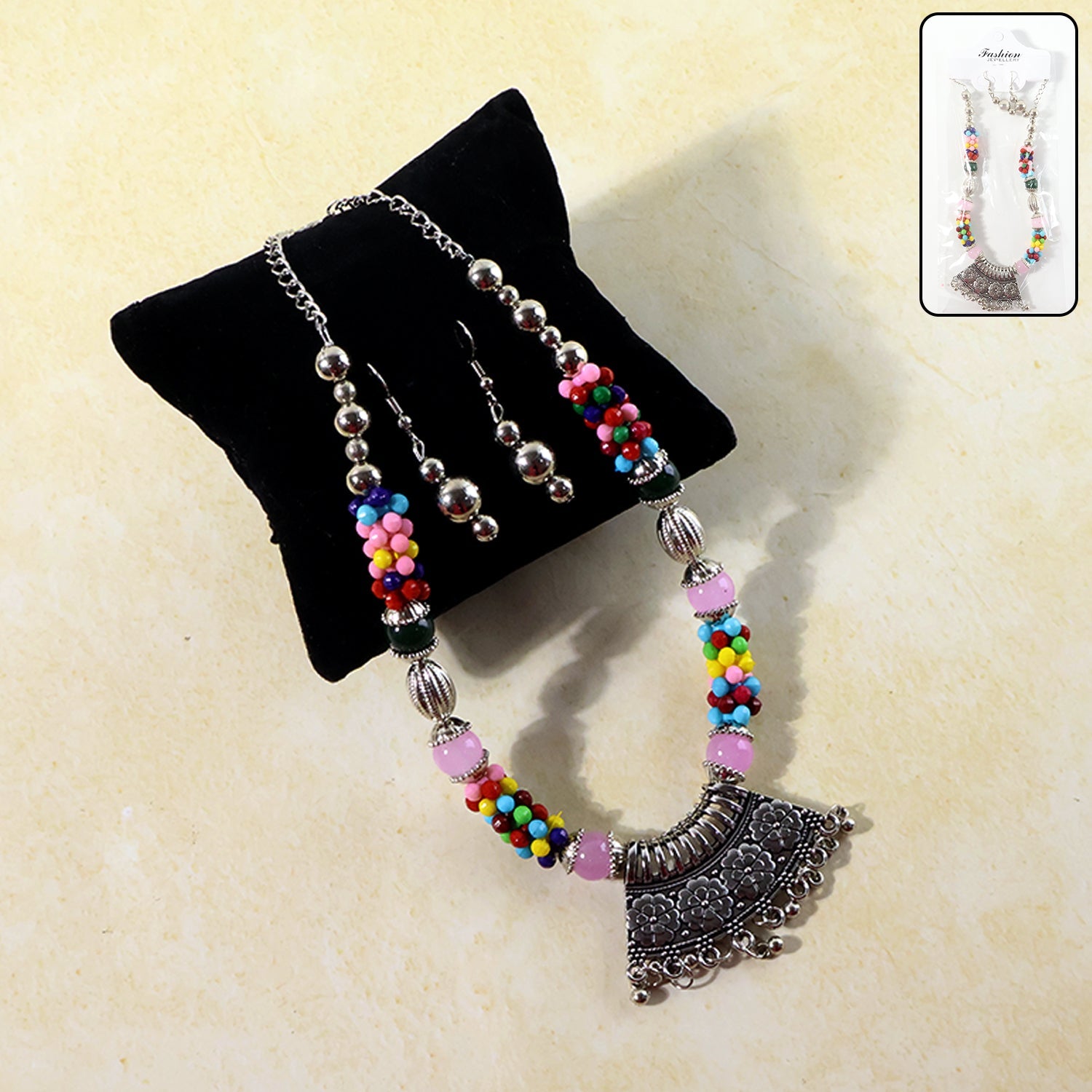 Oxidised multicolor beaded necklace with mandala pendant