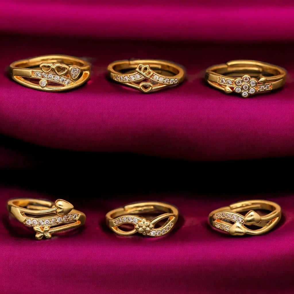 Elegant Finger Ring Set for Women, Made of Brass with Diamond Detailing Gold Plating (Pack of 6)