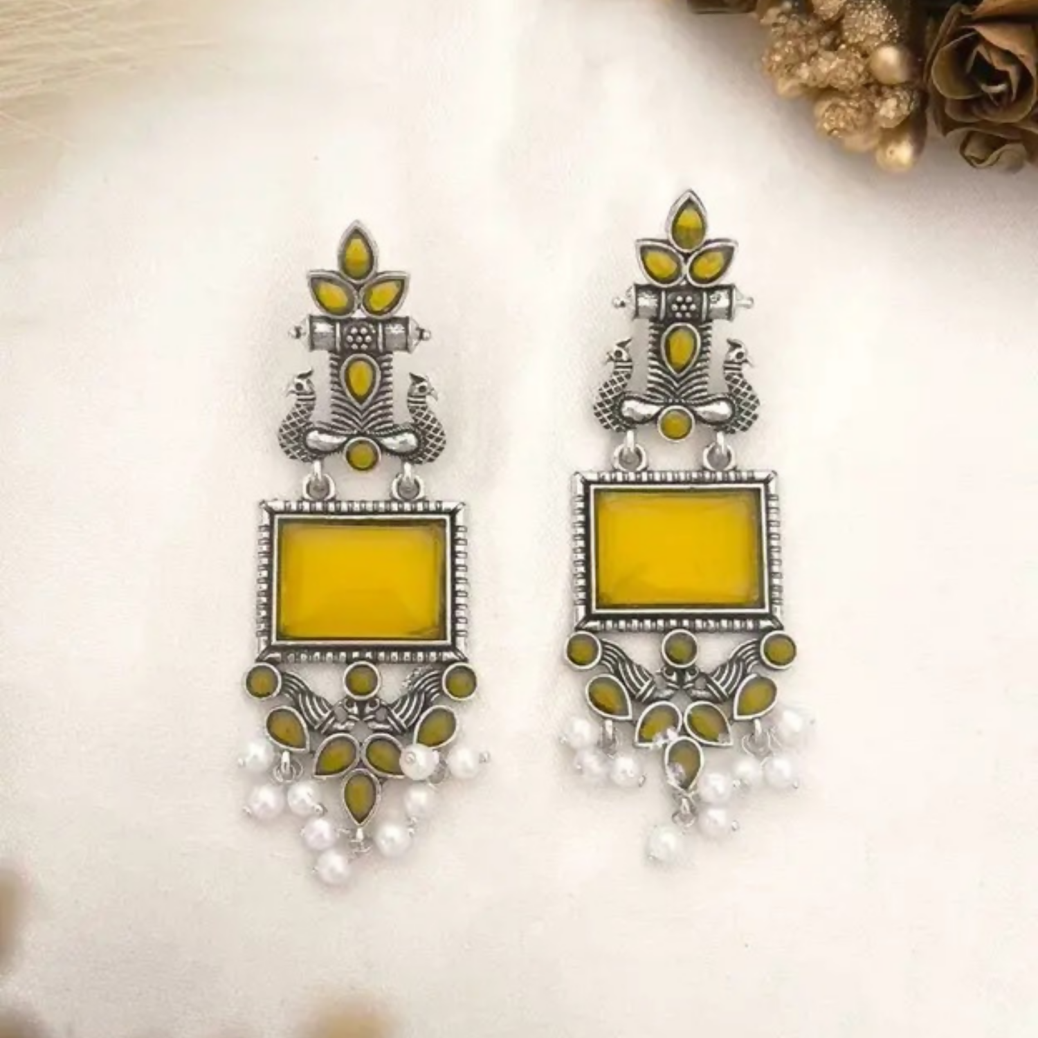 Traditional Oxidized Silver Yellow Stone Pearl Drop Earrings