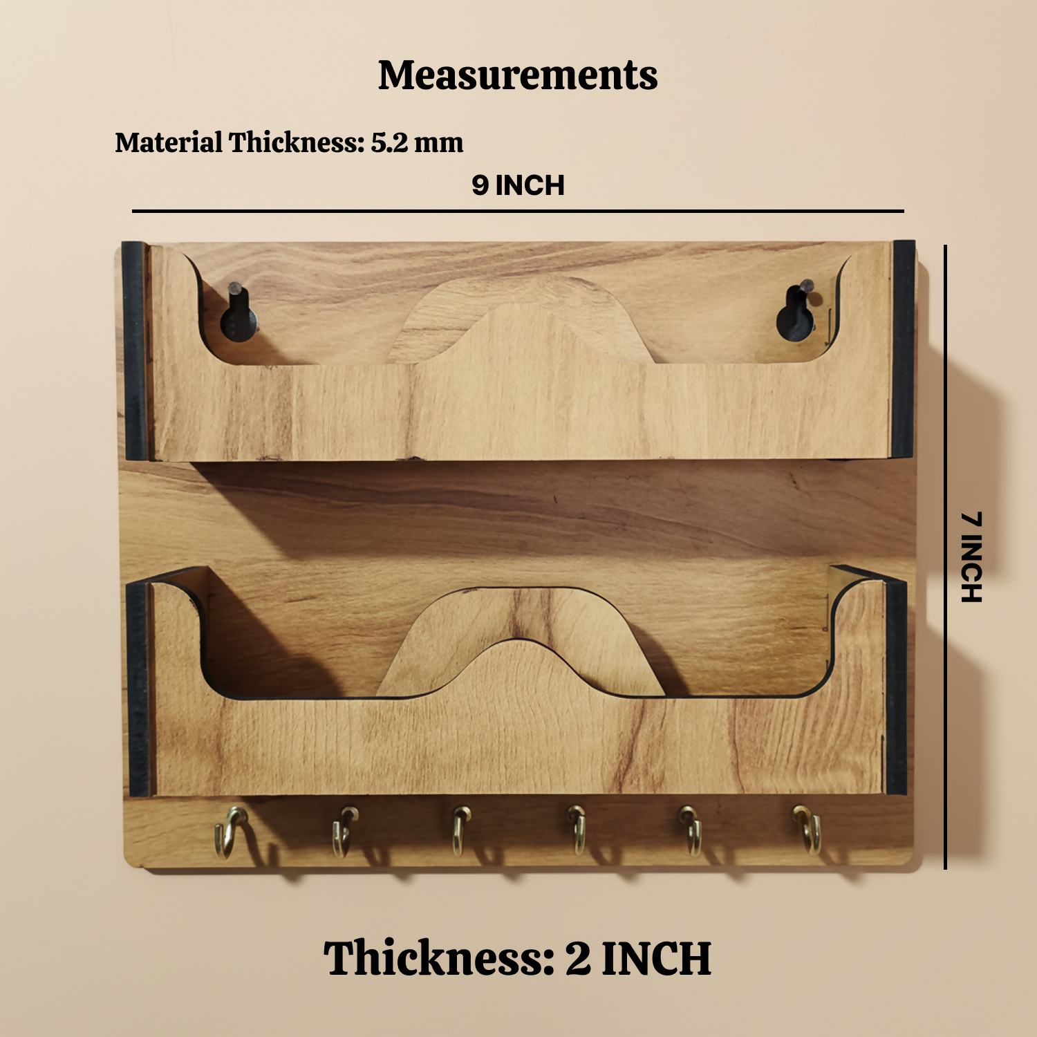 Double Layer Wooden Wall Mounted Organizer with Glasses Shelf and Key Hooks