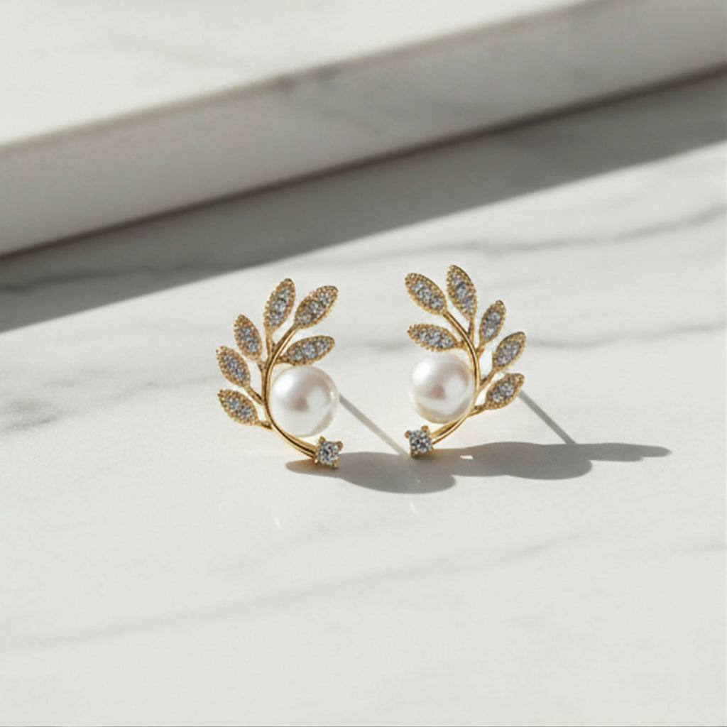 Luxurious Crystal Leaf & Pearl Ear Climbers – 14K Gold Plated Botanical Studs