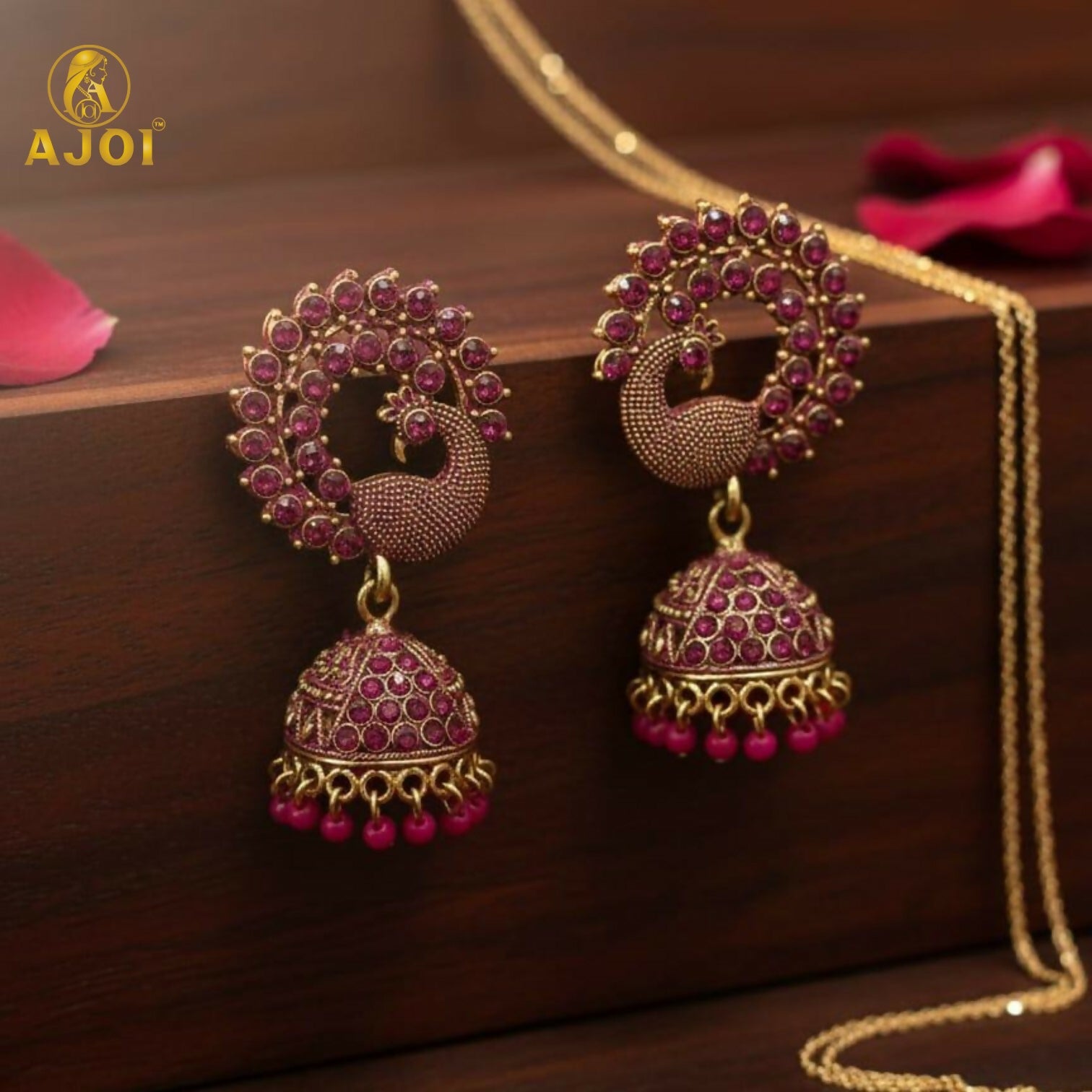 Peacock Motif Ruby-Tone Jhumka Earrings in Antique Gold Finish
