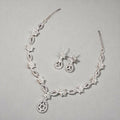 Elegant Crystal & Enamel Leaf Link Necklace Set with Pearl Drop (Multiple Colors)