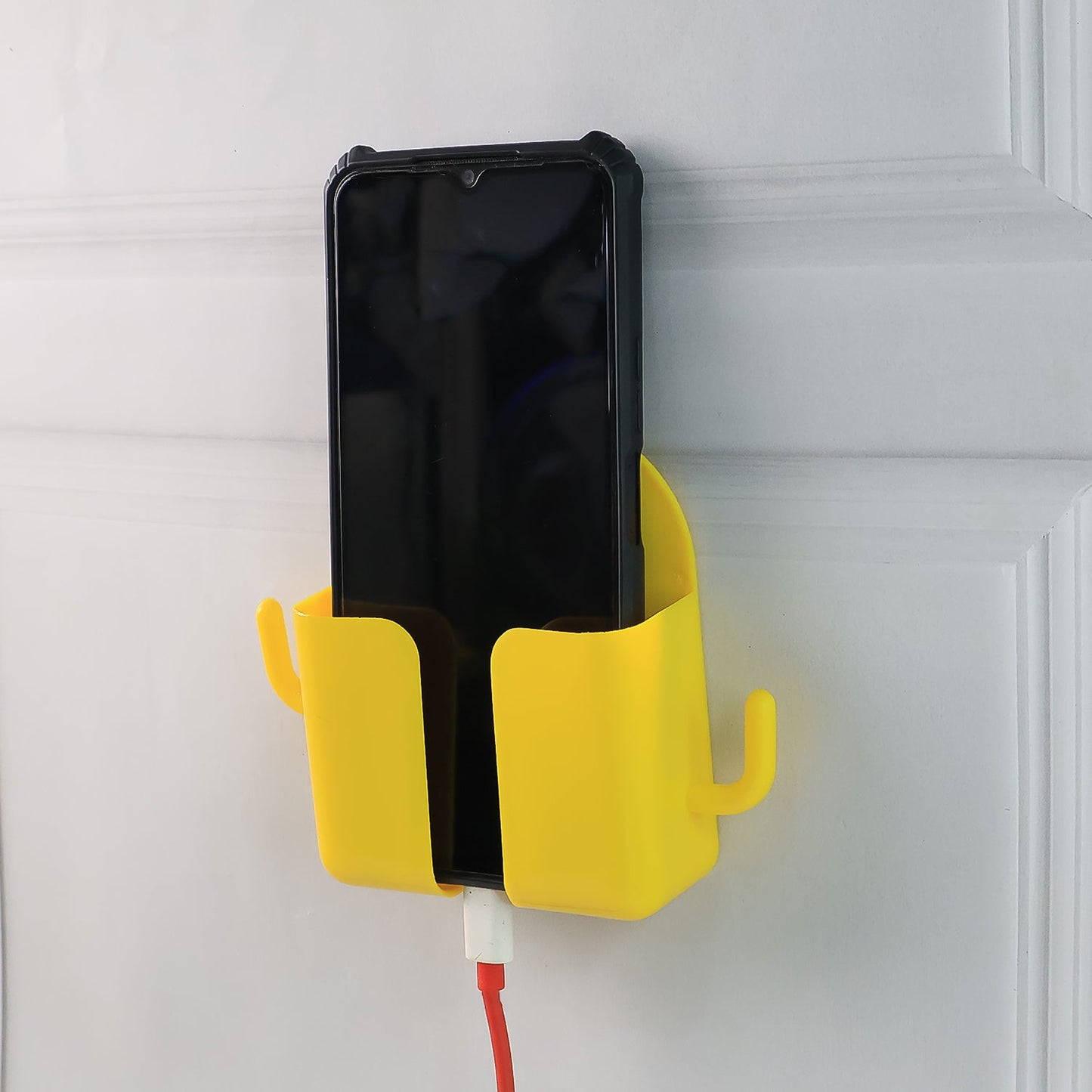 Close up of wall mount mobile holder showcasing the integrated hook