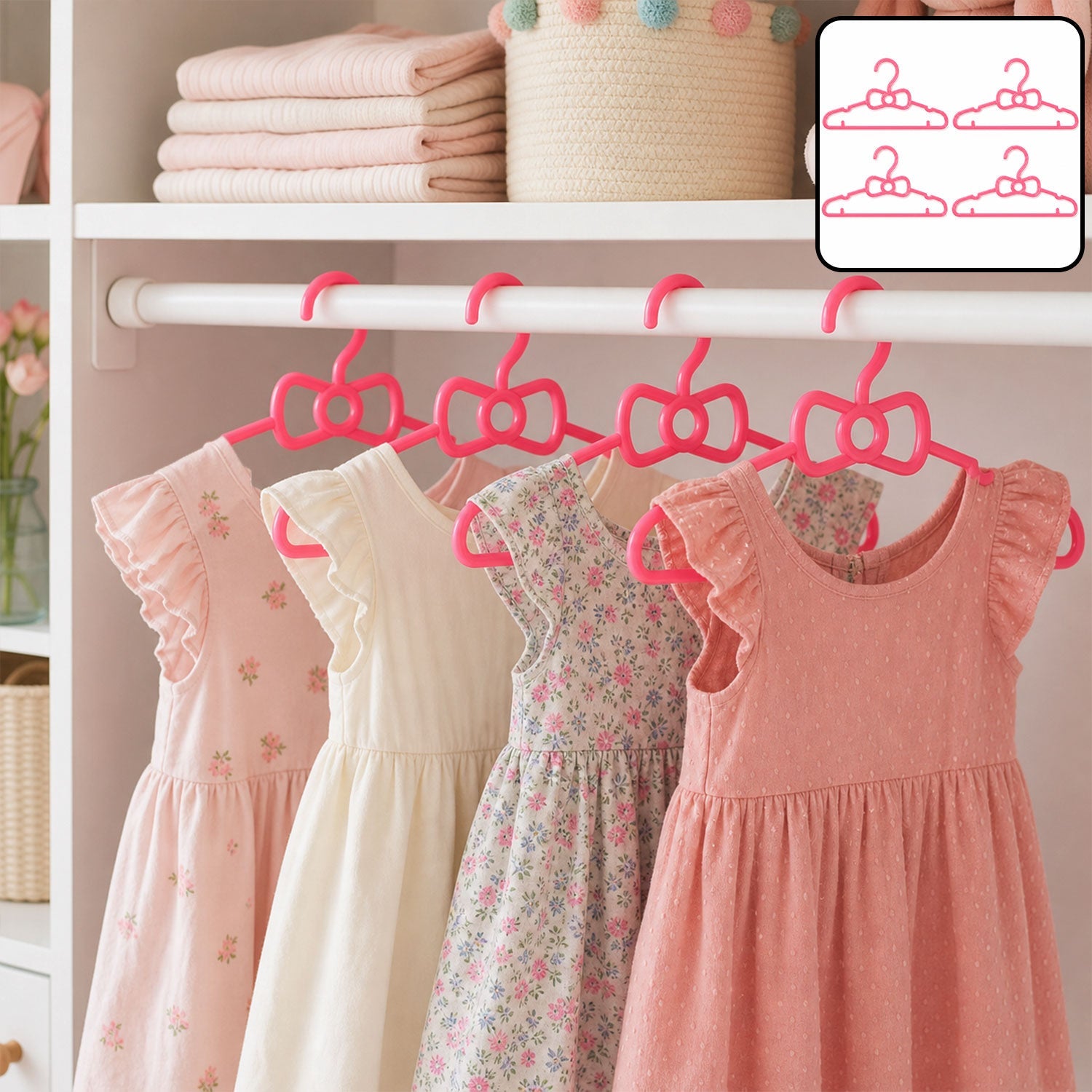 Five pink bow-shaped plastic hangers hold various pink and floral baby dresses on a white closet rod.