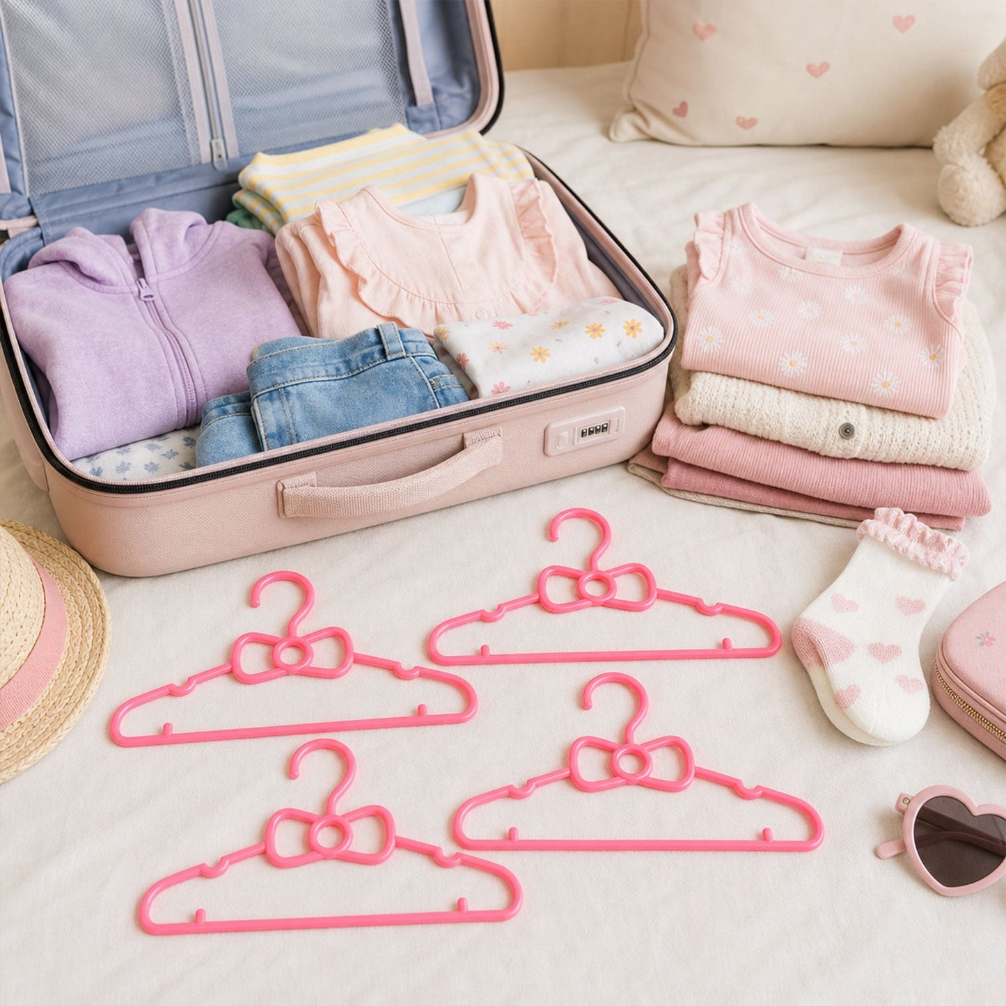 Four pink bow-shaped plastic hangers lie on a bed next to an open suitcase filled with baby clothes.
