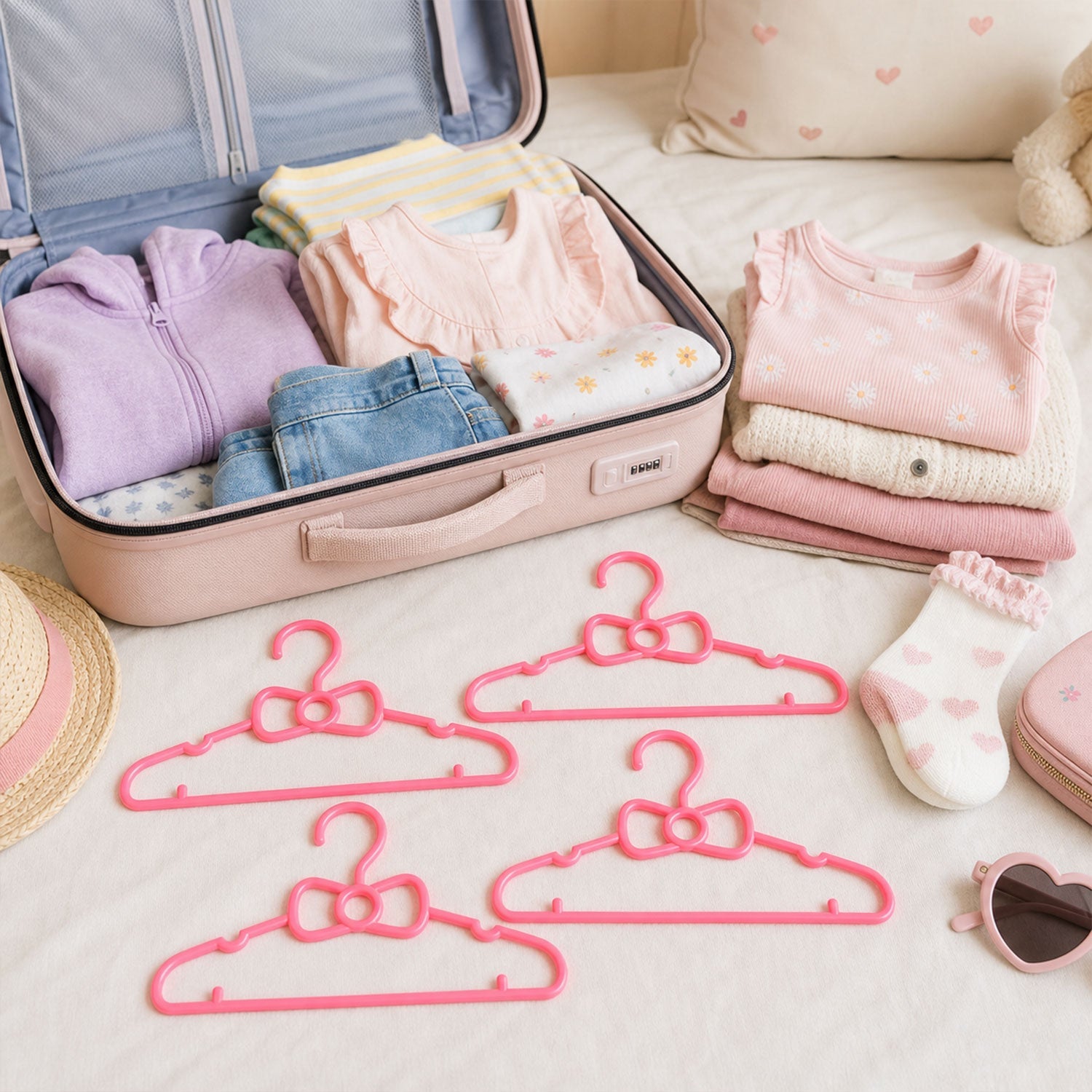 Four pink bow-shaped plastic hangers lie on a bed next to an open suitcase filled with baby clothes.