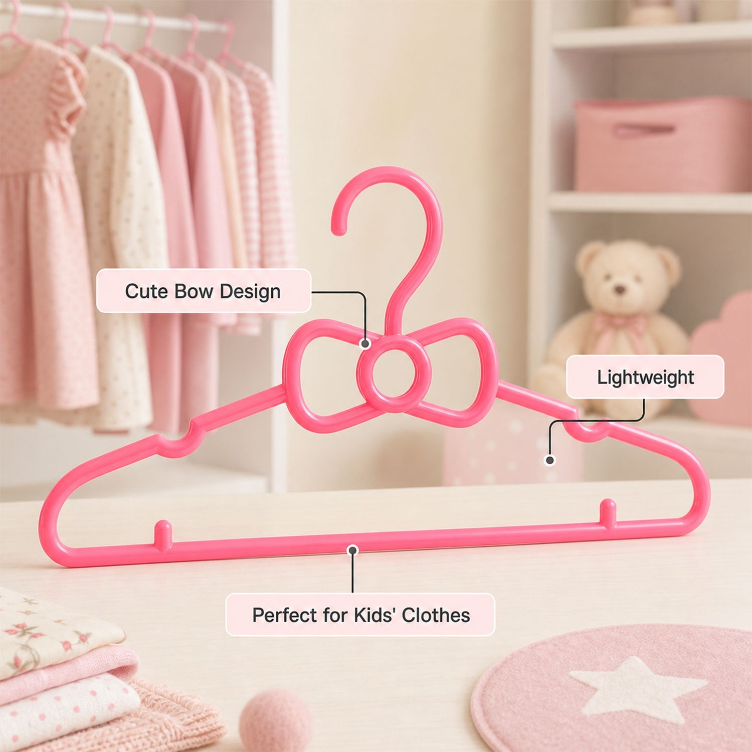 A pink plastic bow-shaped hanger is displayed with text highlighting its cute bow design and lightweight features.