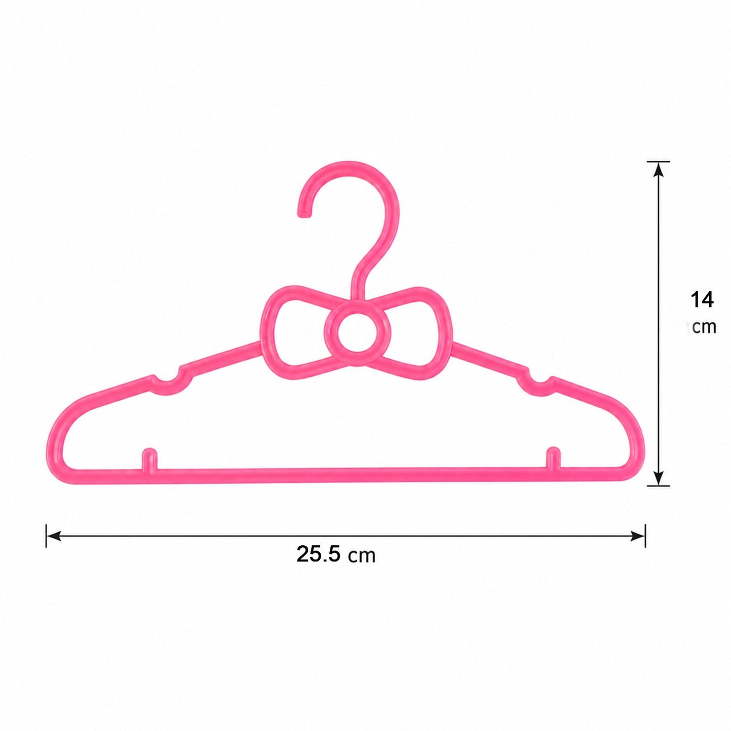 A single pink plastic bow-shaped hanger with measurements: 25.5 cm wide and 14 cm high.