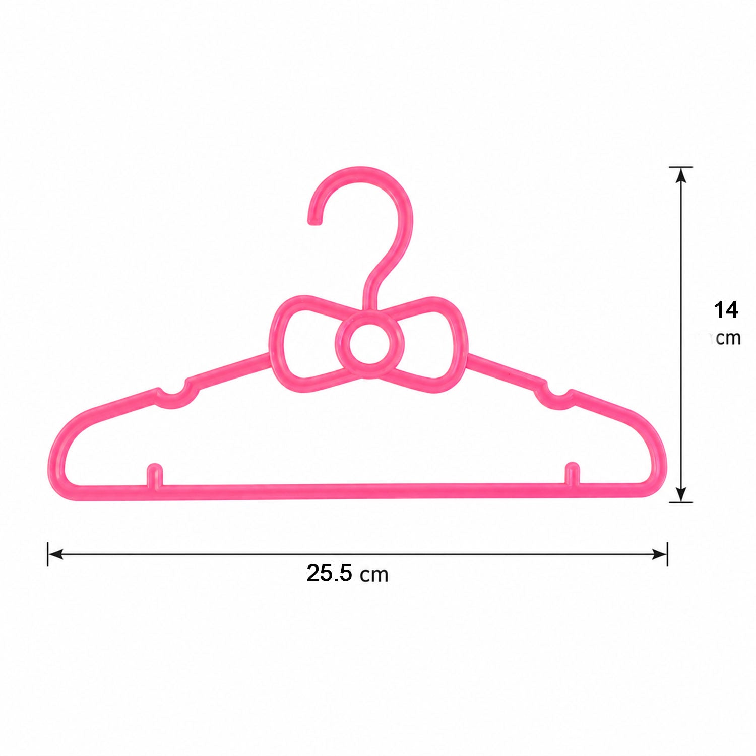 A single pink plastic bow-shaped hanger with measurements: 25.5 cm wide and 14 cm high.