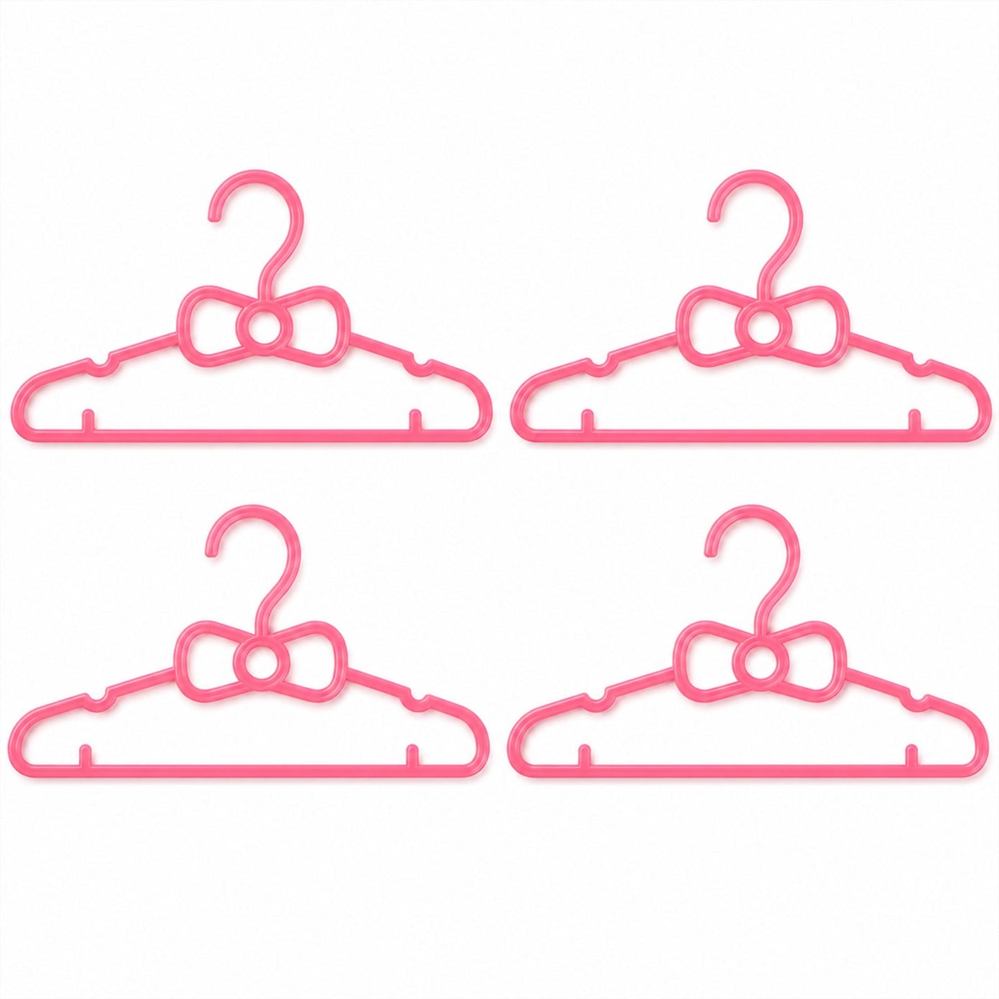 A grid of four pink plastic bow-shaped hangers is displayed against a plain white background.