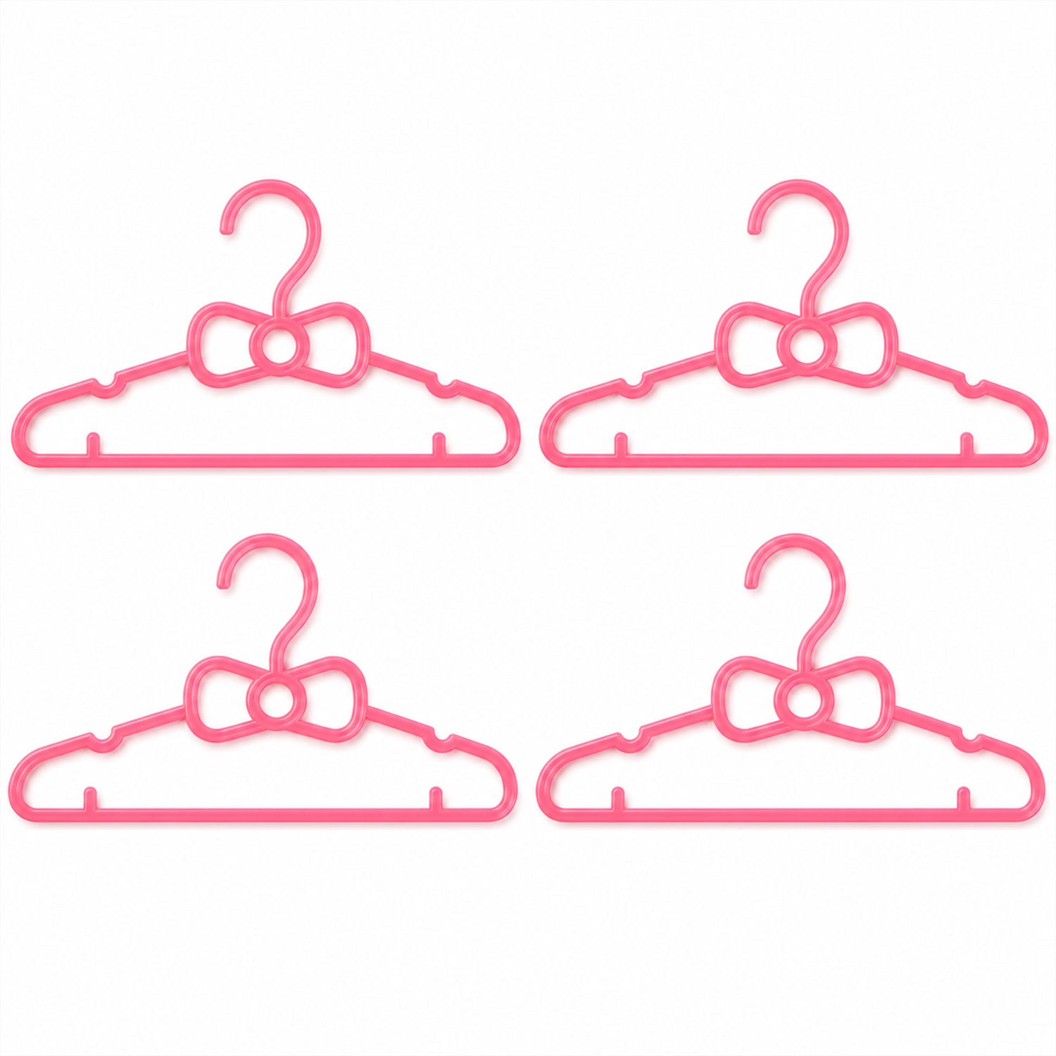 A grid of four pink plastic bow-shaped hangers is displayed against a plain white background.