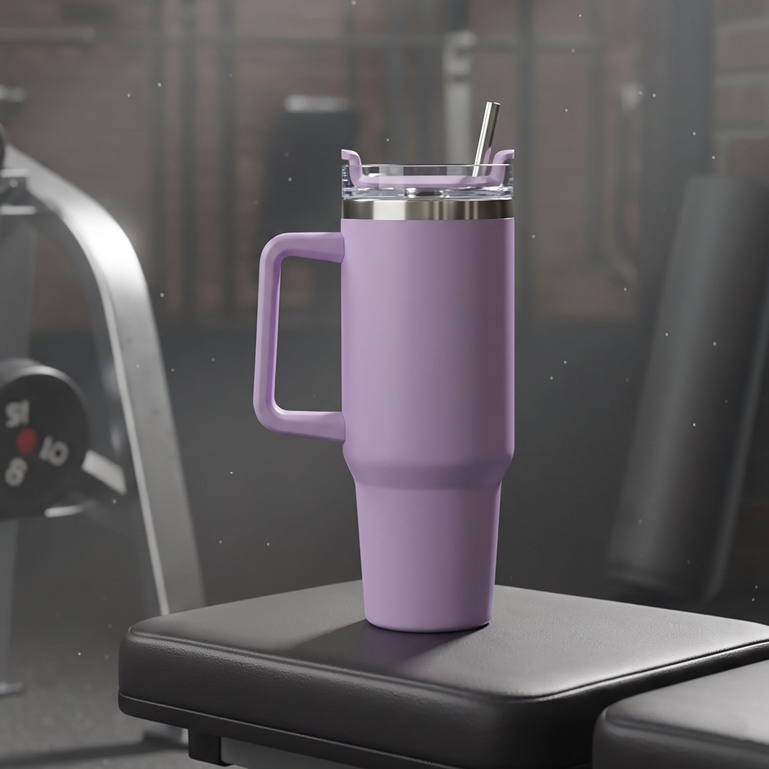 A purple Konvex Hydra Insulated Travel Tumbler with a handle and straw sits on a black gym bench in a dimly lit gym.