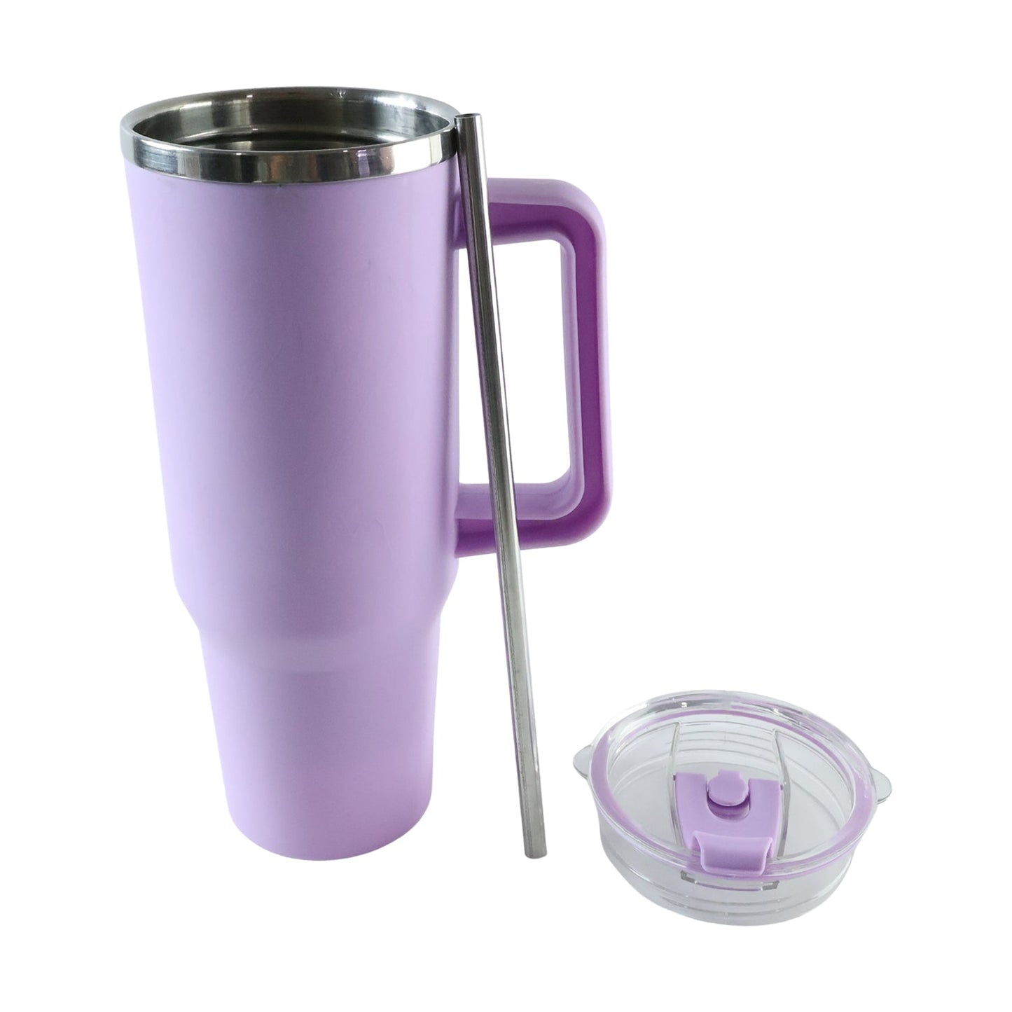 A purple Konvex Hydra Insulated Travel Tumbler (1 Pc) with a handle, a metal straw, and a clear lid are displayed on a white