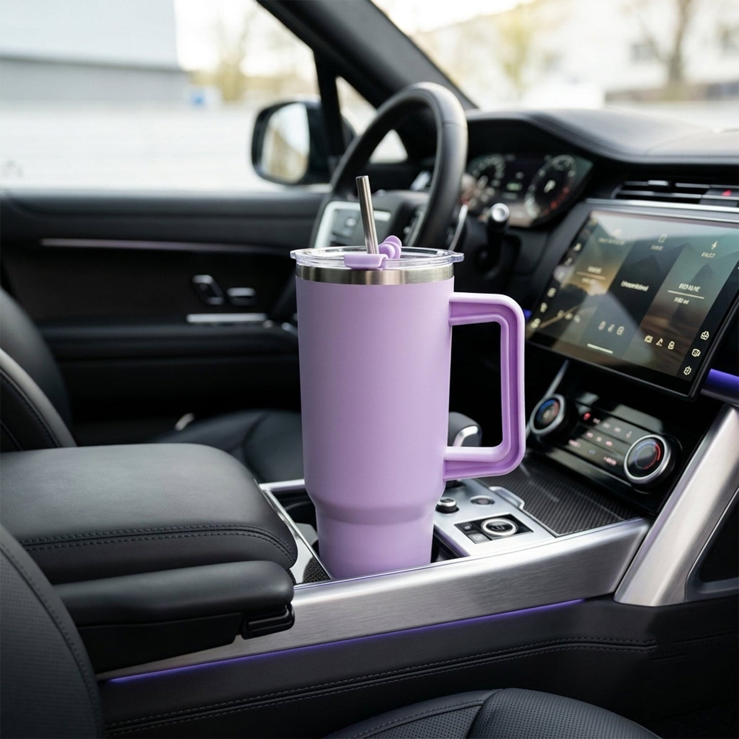 A purple insulated travel tumbler with a handle and straw sits in the cup holder of a car's center console.