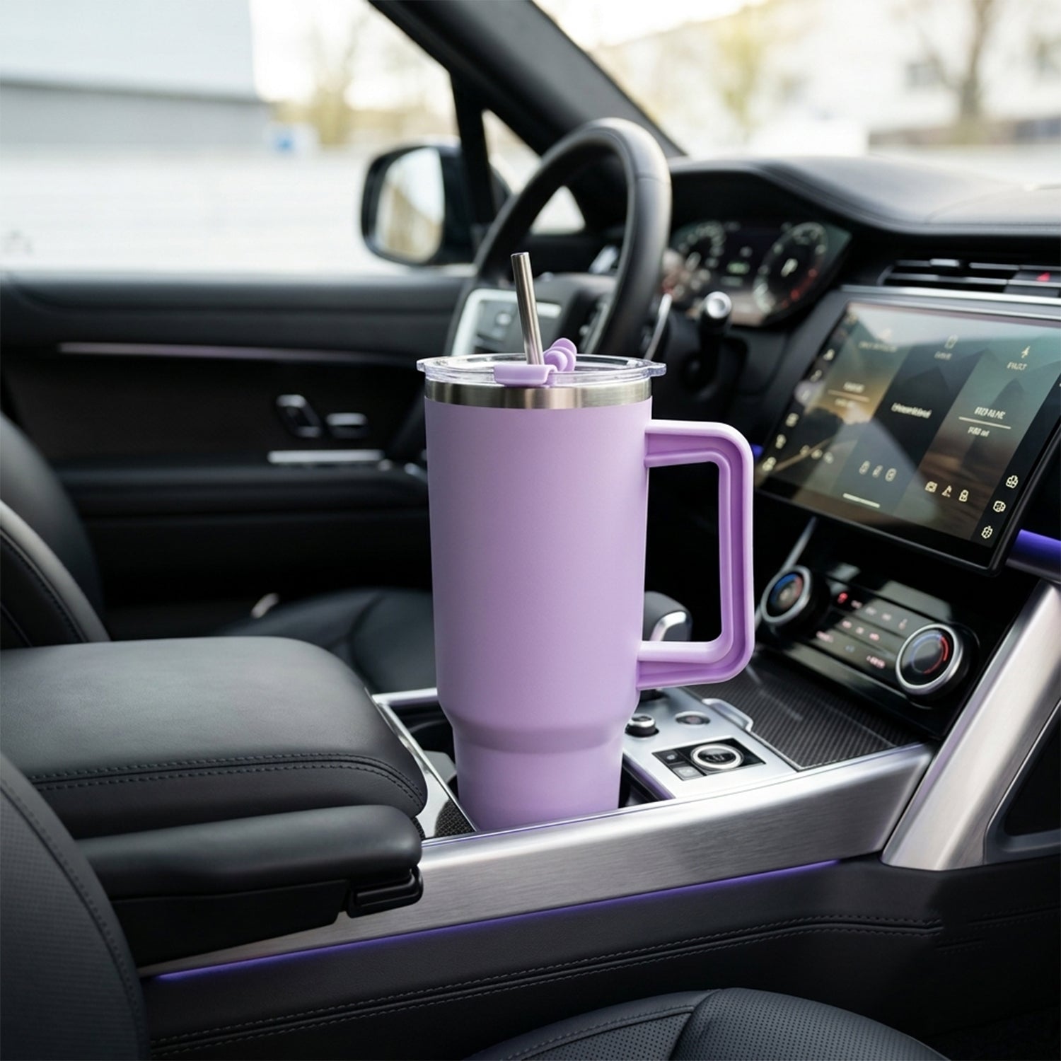 A purple insulated travel tumbler with a handle and straw sits in the cup holder of a car's center console.