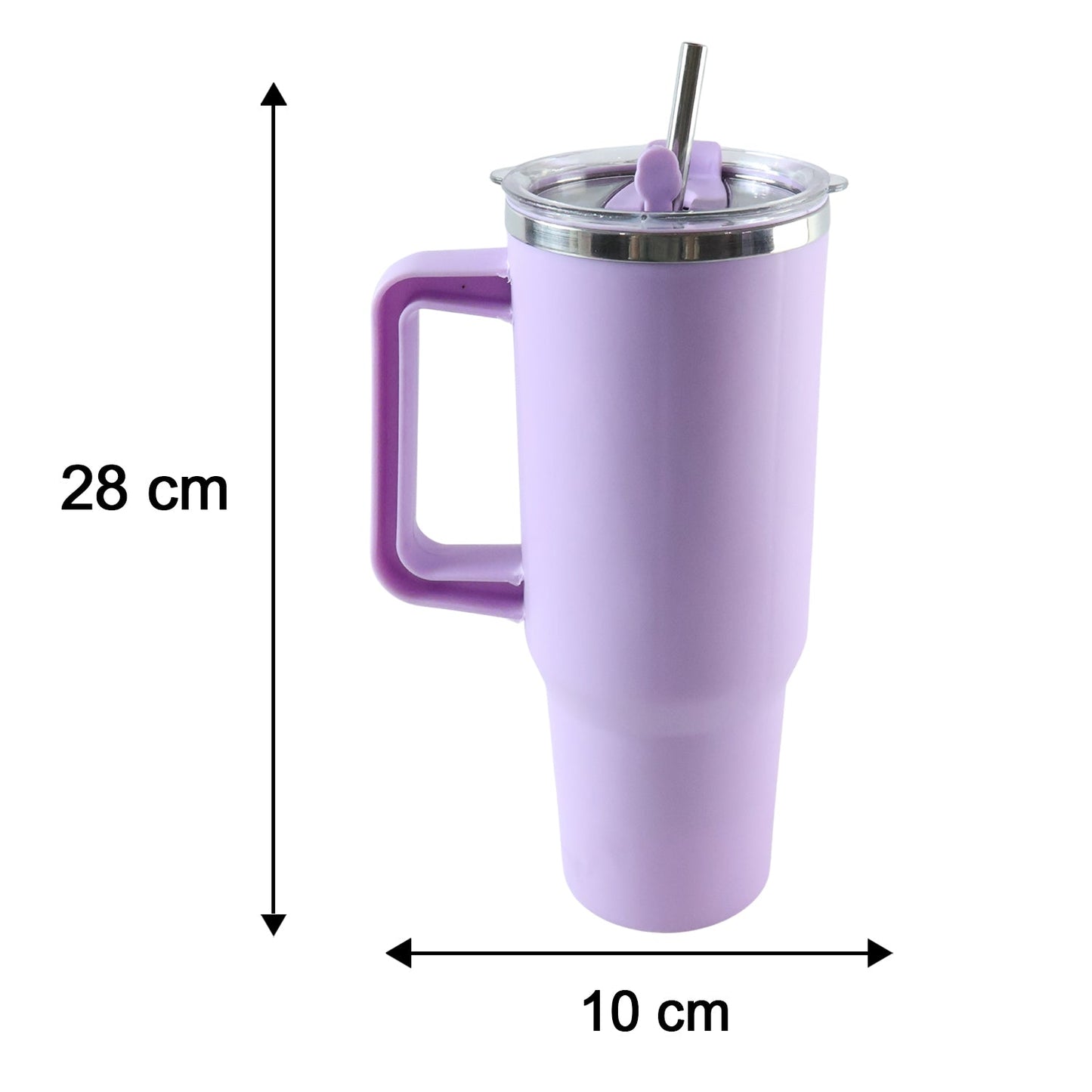 A purple Konvex Hydra Insulated Travel Tumbler with a handle and straw is shown with dimensions: 28 cm tall and 10 cm wide.
