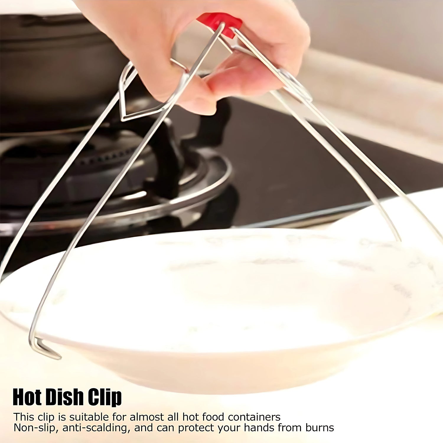 Side view of kitchen vessel gripper tong featuring a red heat-resistant handle