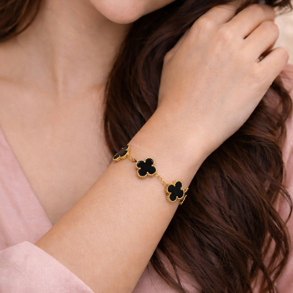 Gold Plated Black Clover Charm Bracelet for Women & Girls – Elegant Designer Chain Bracelet