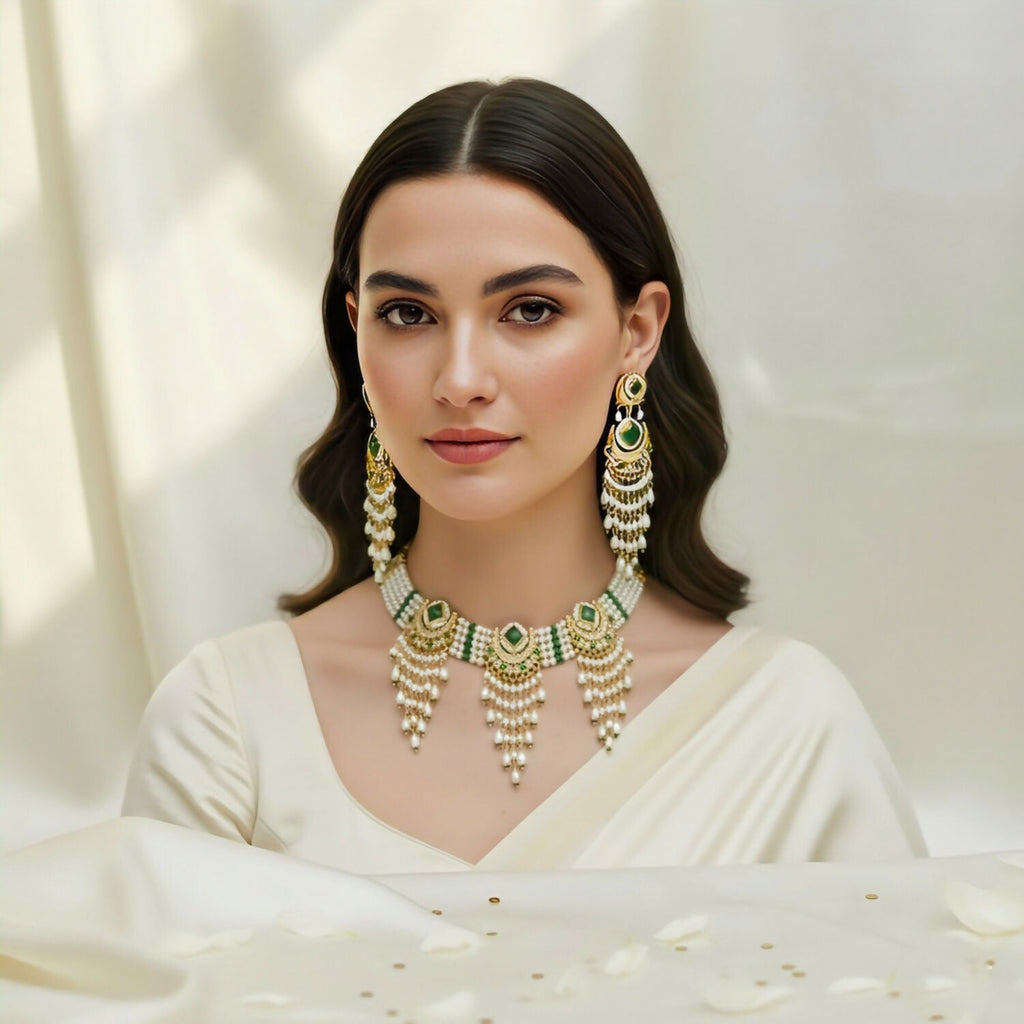 Elegant Emerald & Pearl Choker Necklace Set with Chandbali Jhumka Earrings