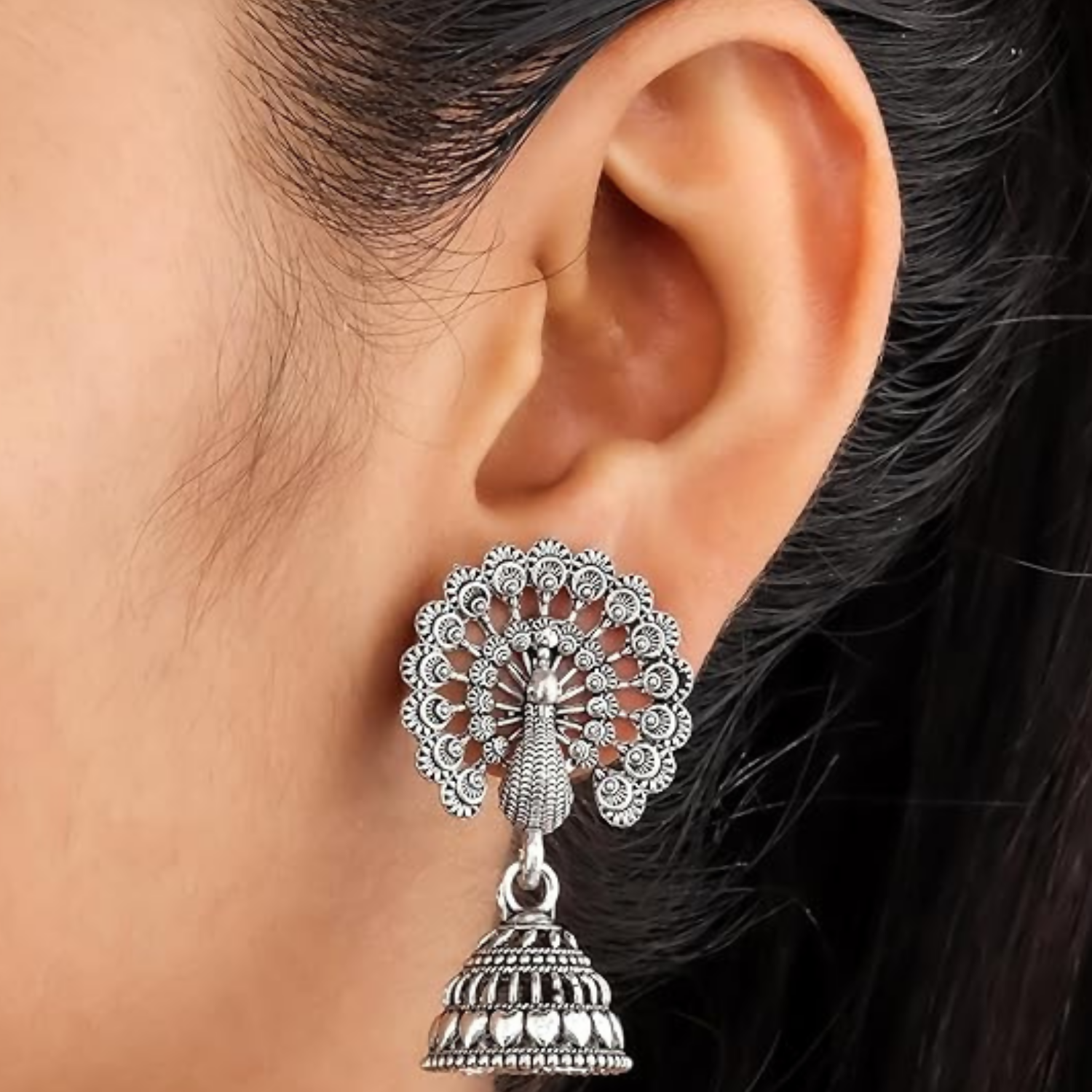  Traditional Oxidised Silver Jhumka Earrings Set - key feature close-up