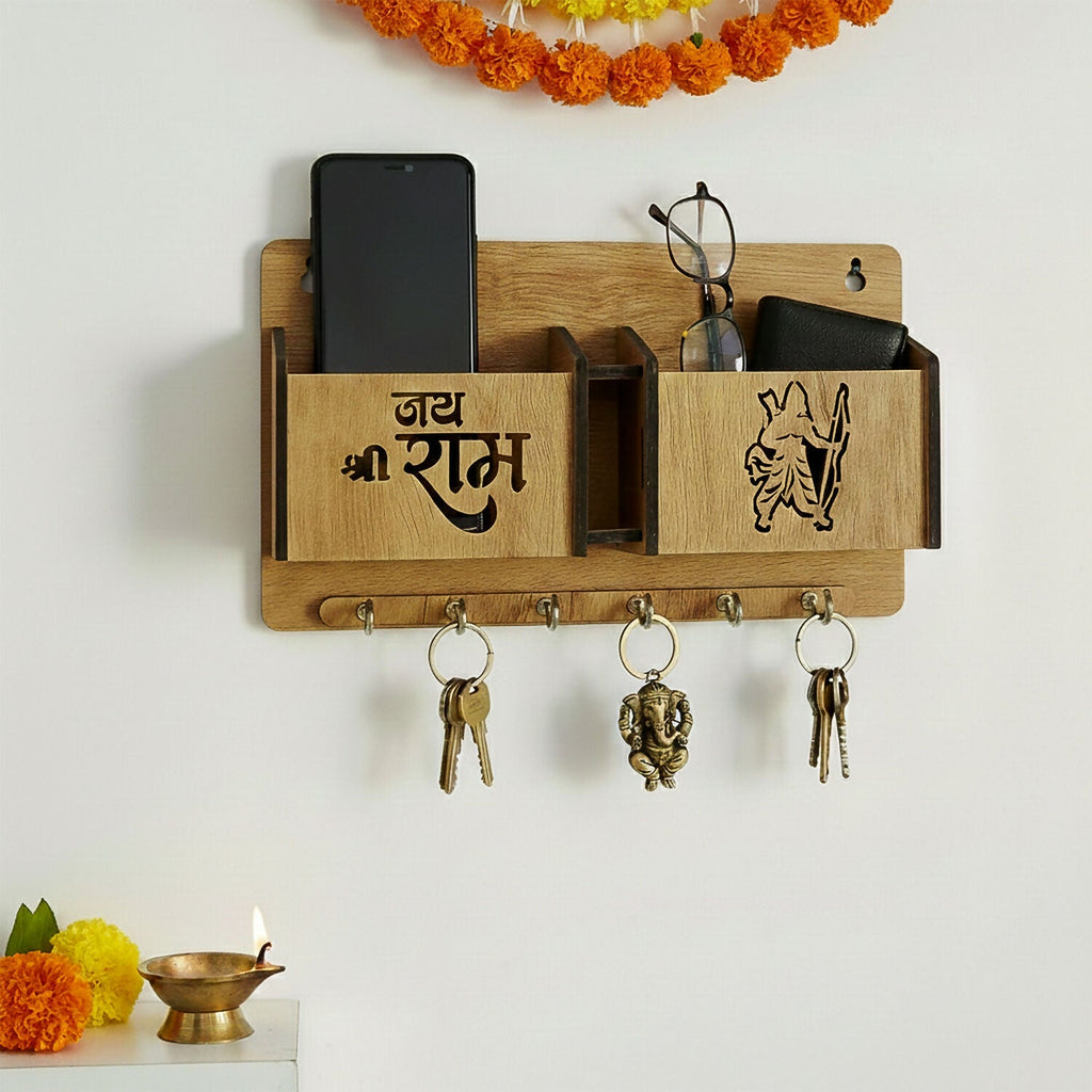 Decorative Jay Shree Ram Engraved Key Organizer with 6 Hooks