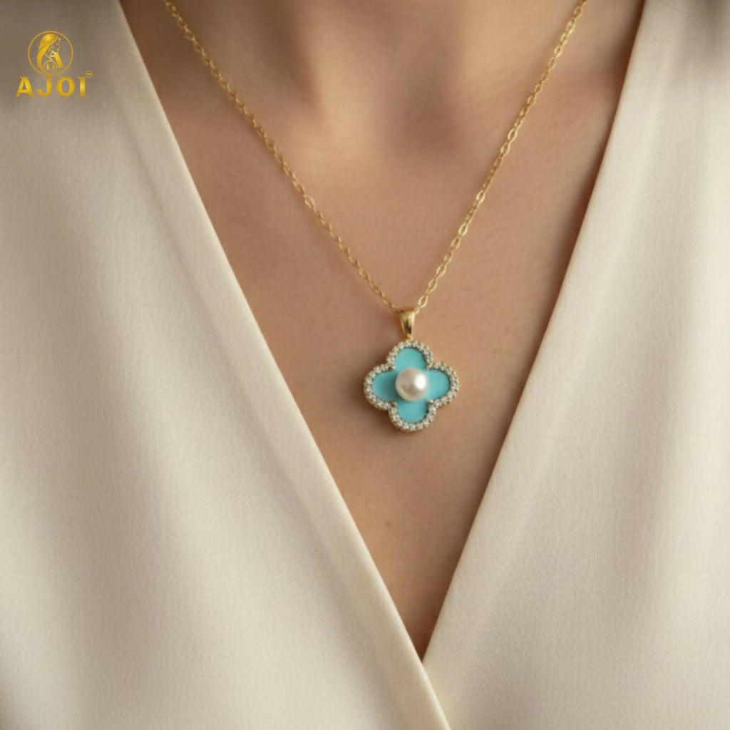 Elegant Gold Plated Floral Pendant Necklace with Pearl & Mint Enamel for Women