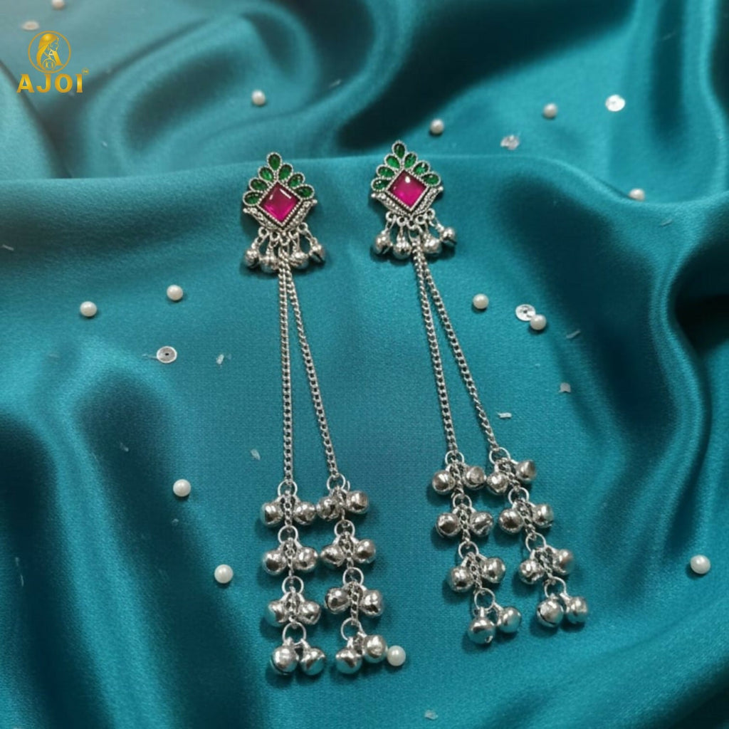 Kashmiri Style Silver Plated Long Chain Drop Earrings with Pink & Green Stones