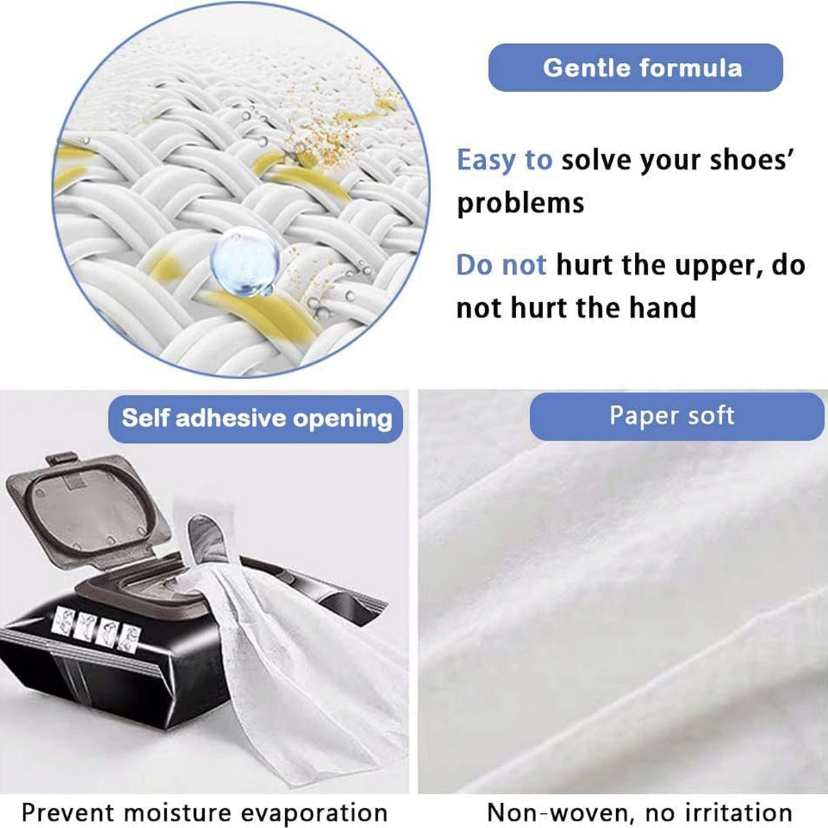 Four informational panels show a close-up of fabric, product features, and a soft white wipe.