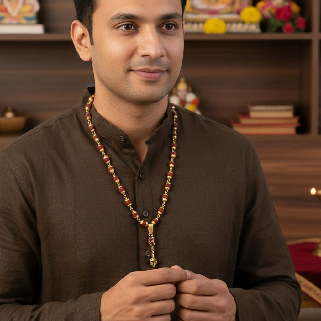 Ram Naam Gada Gold Pendant & Rudraksha Mala