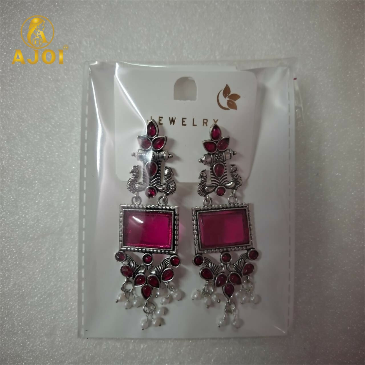 Premium Antique Silver Earrings with Pink Square Beads and Pearl Hangings.