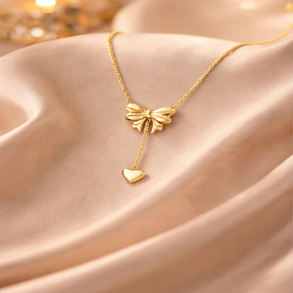 Heart Pendant Necklace for Women Delicate Chain with Bow & Heart Charm