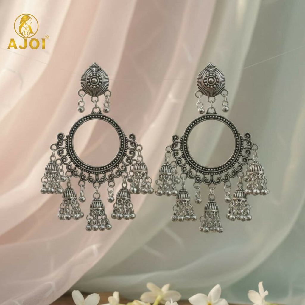 Premium Oxidised Silver Boho Chandbali Jhumka Earrings