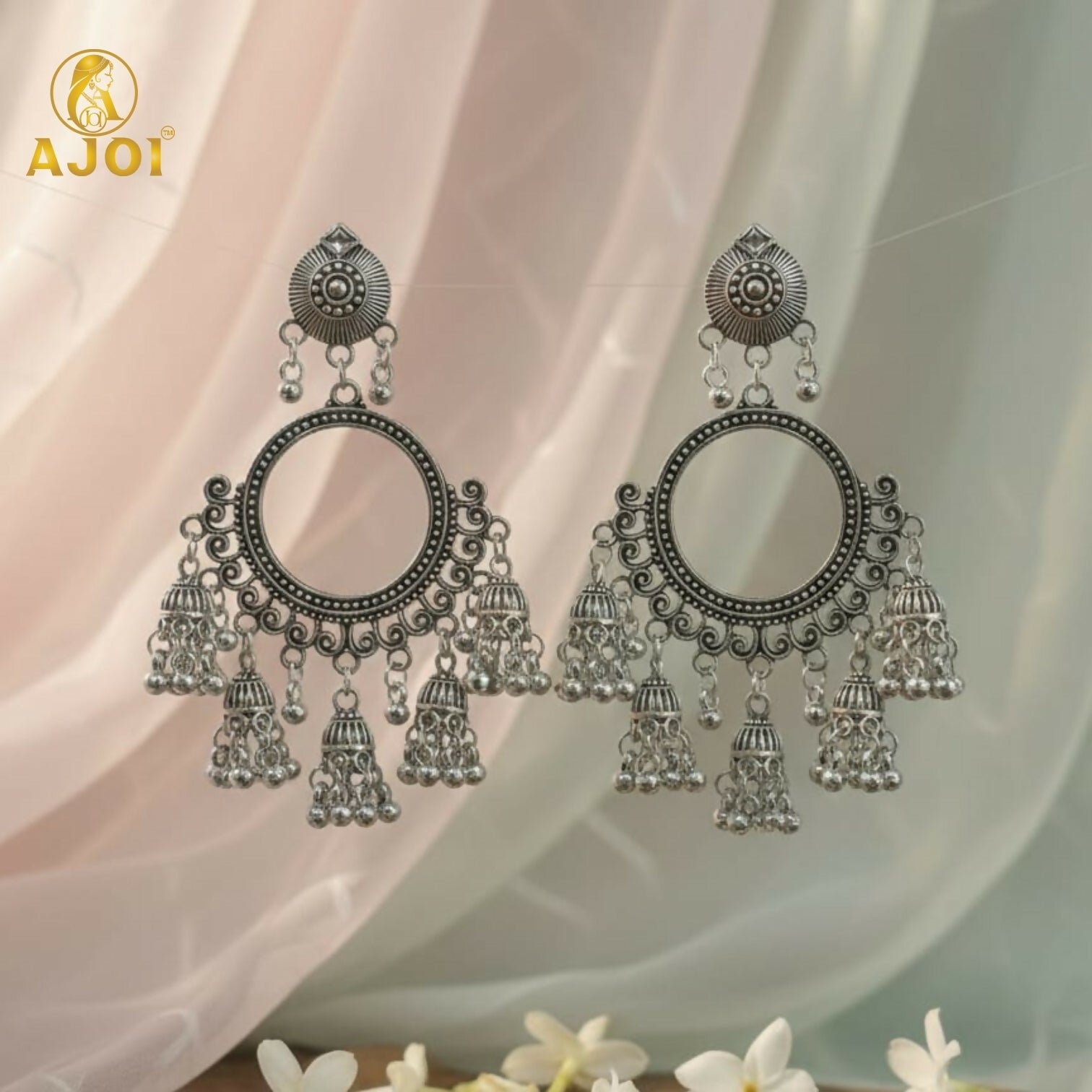 Premium Oxidised Silver Boho Chandbali Jhumka Earrings