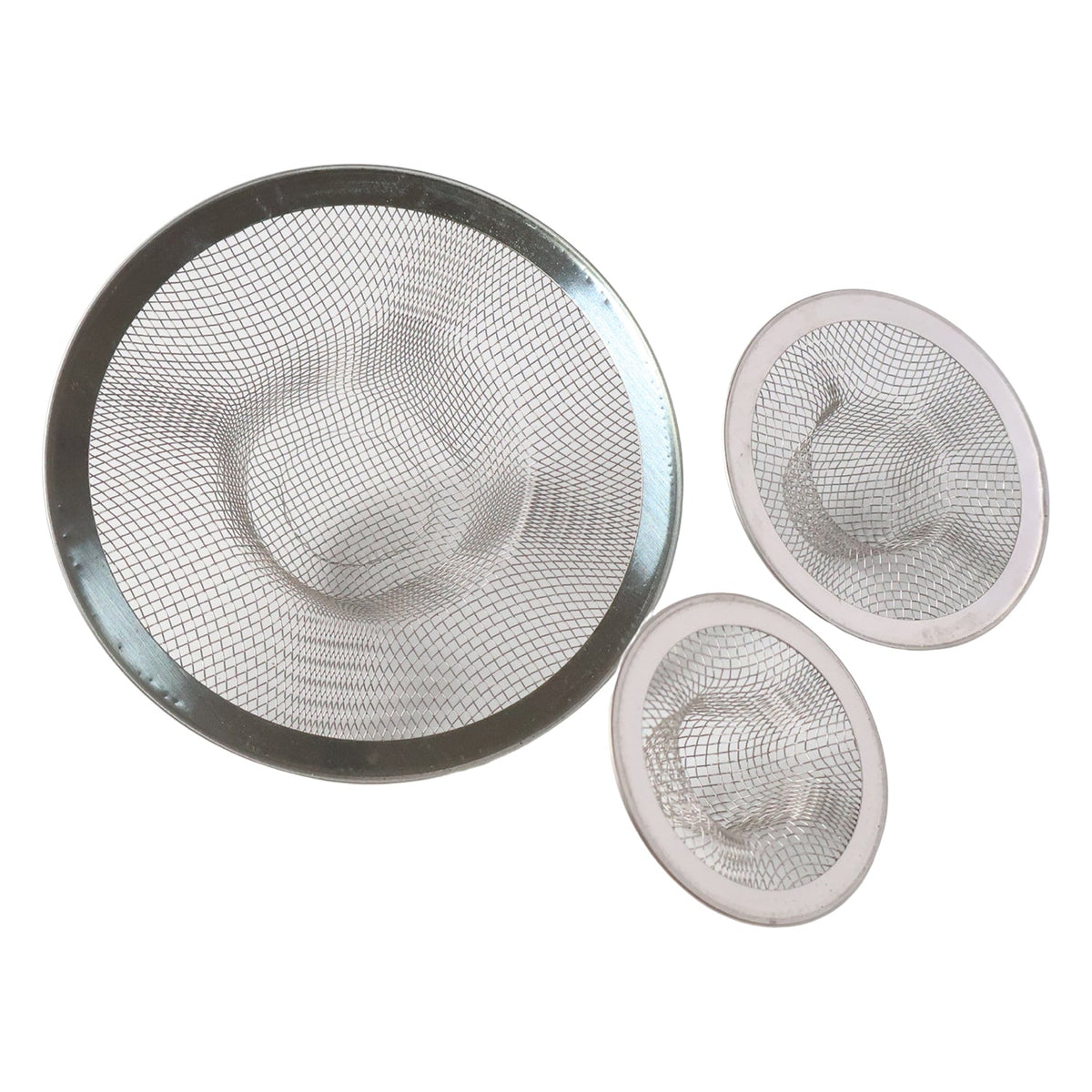 Three stainless steel mesh sink strainers of different sizes on a plain white background.
