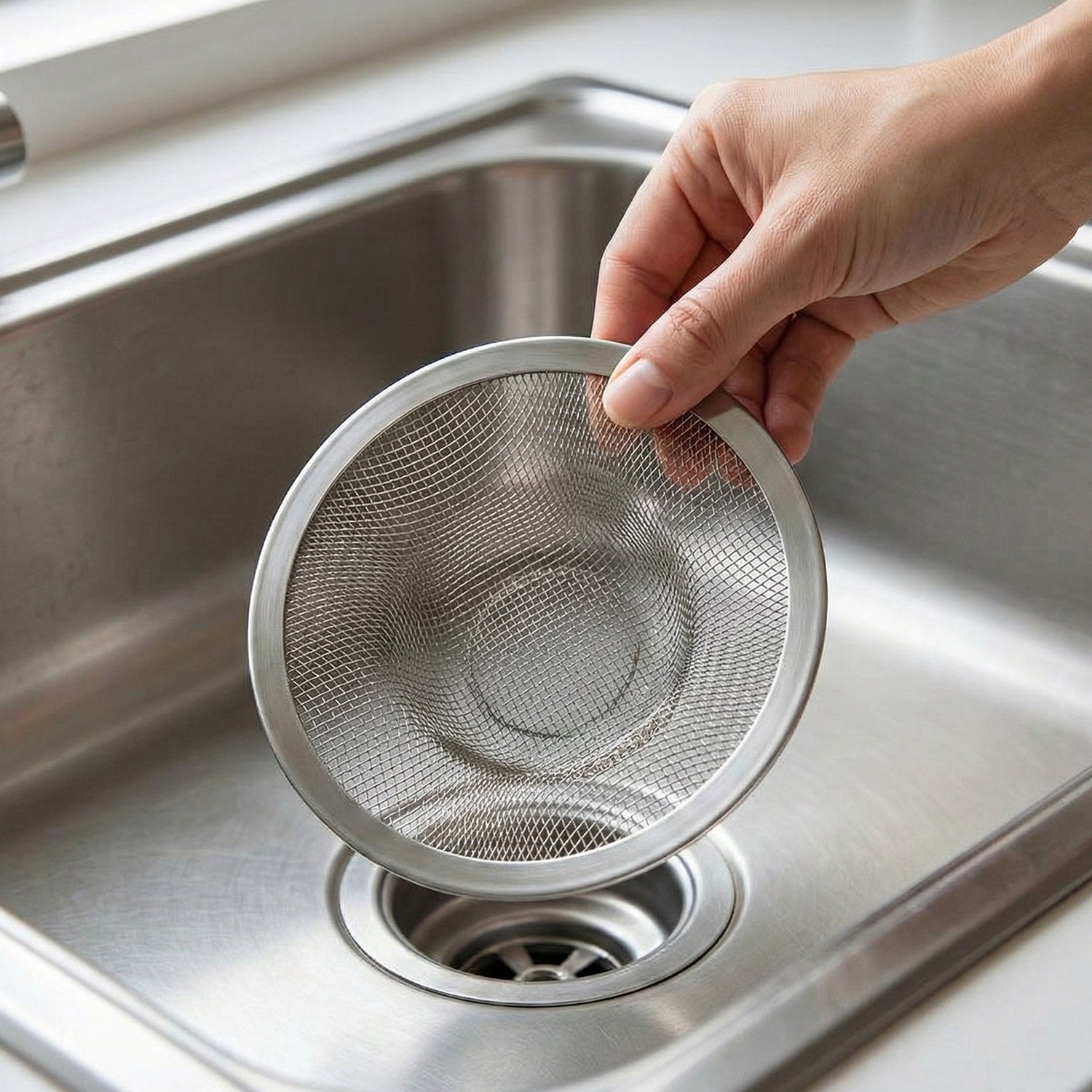 Close view of stainless steel fine mesh strainer collecting debris