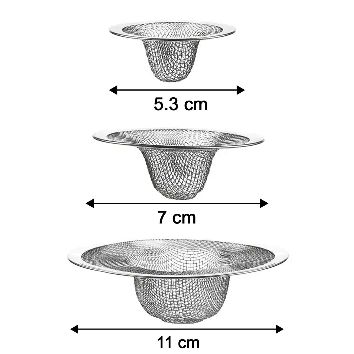 Three stainless steel mesh sink strainers with their respective dimensions: 5.3 cm, 7 cm, and 11 cm.
