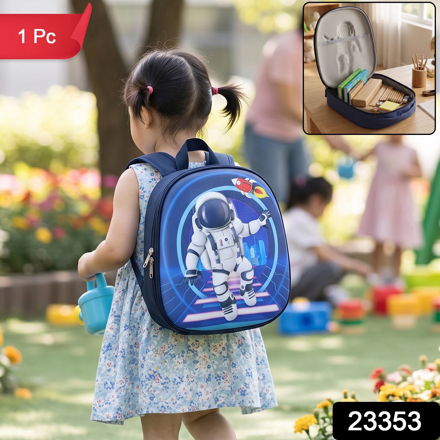 A child with pigtails wears a navy blue backpack featuring a large astronaut and rocket graphic, standing in a school