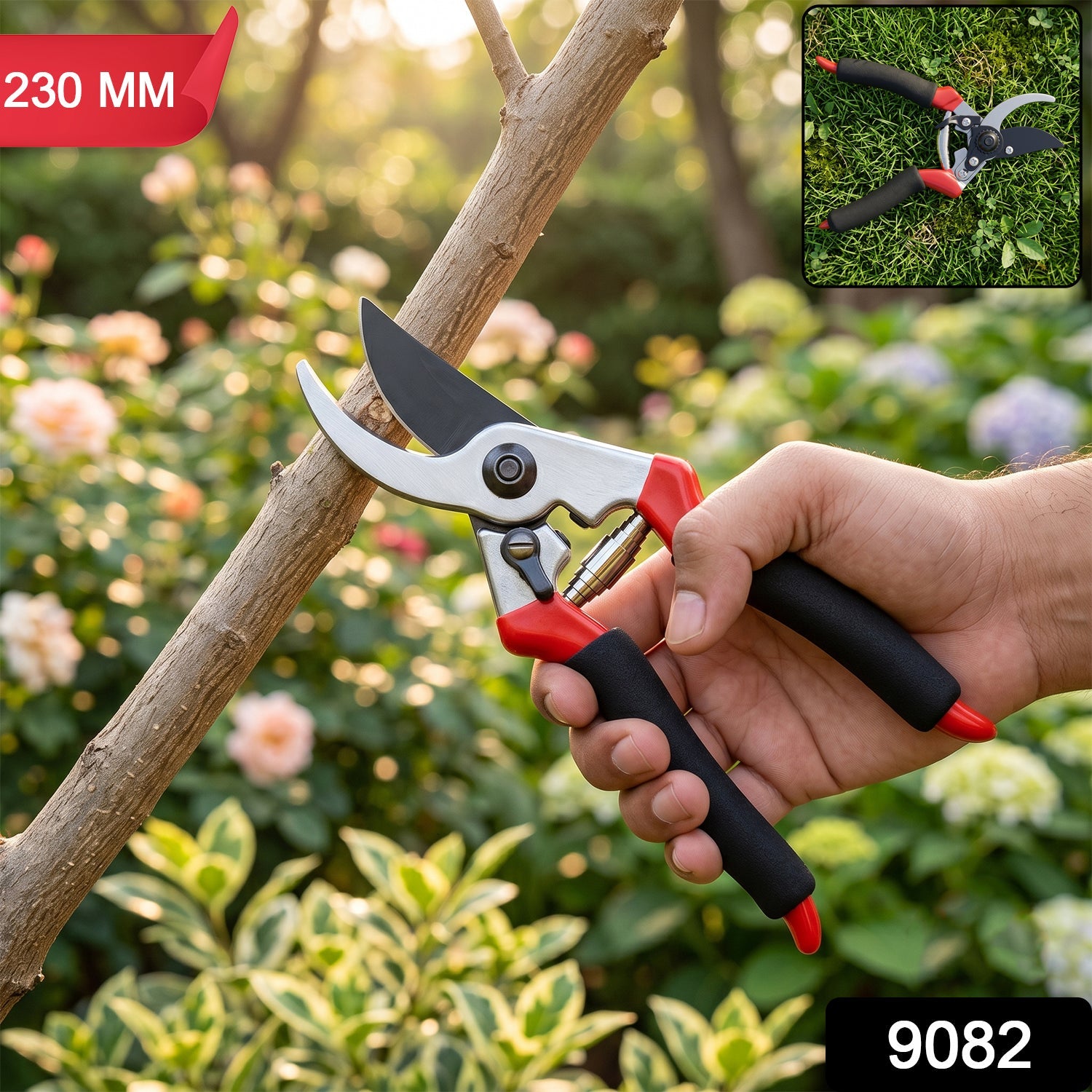 A hand holding red and black garden pruners next to a tree branch, with a small inset image of the pruners.
