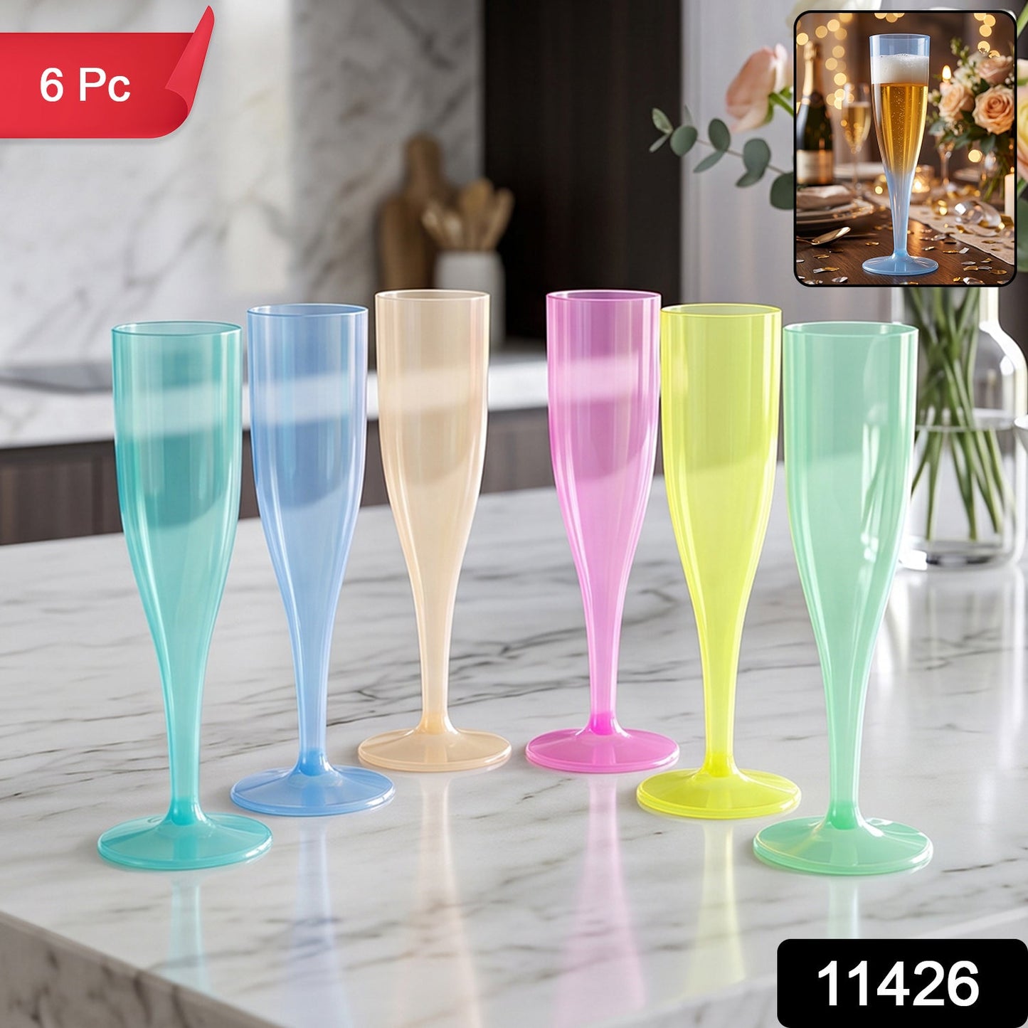 Six colorful plastic champagne flutes on a marble countertop with a '6 Pc' label and '11426' code.