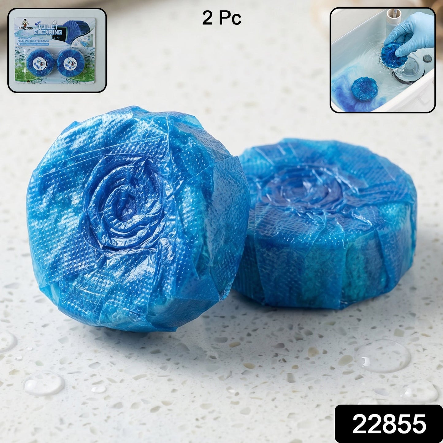 Two blue toilet cleaner tablets on a wet counter, with packaging and application insets, and a product code.