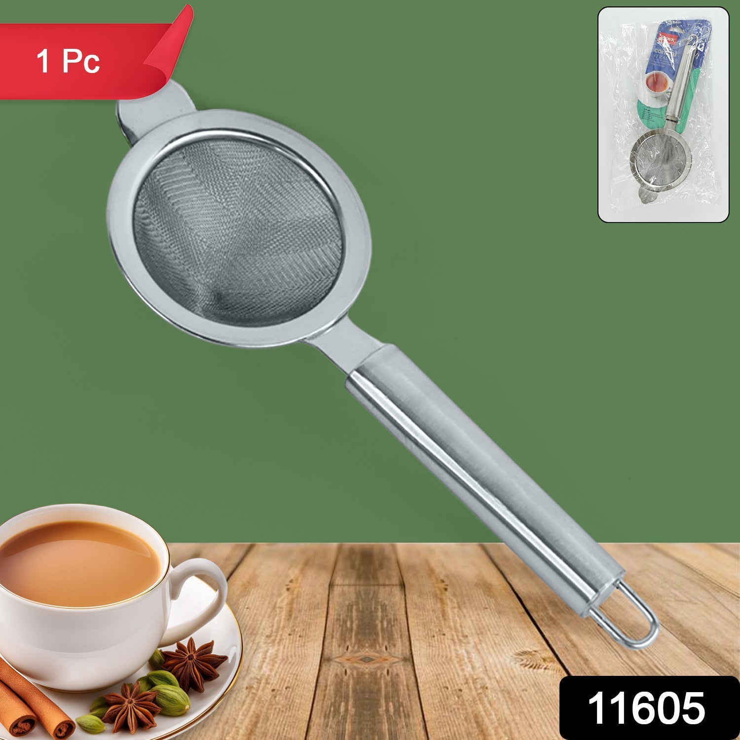 Close-up of stainless steel tea strainer handle with pipe grip
