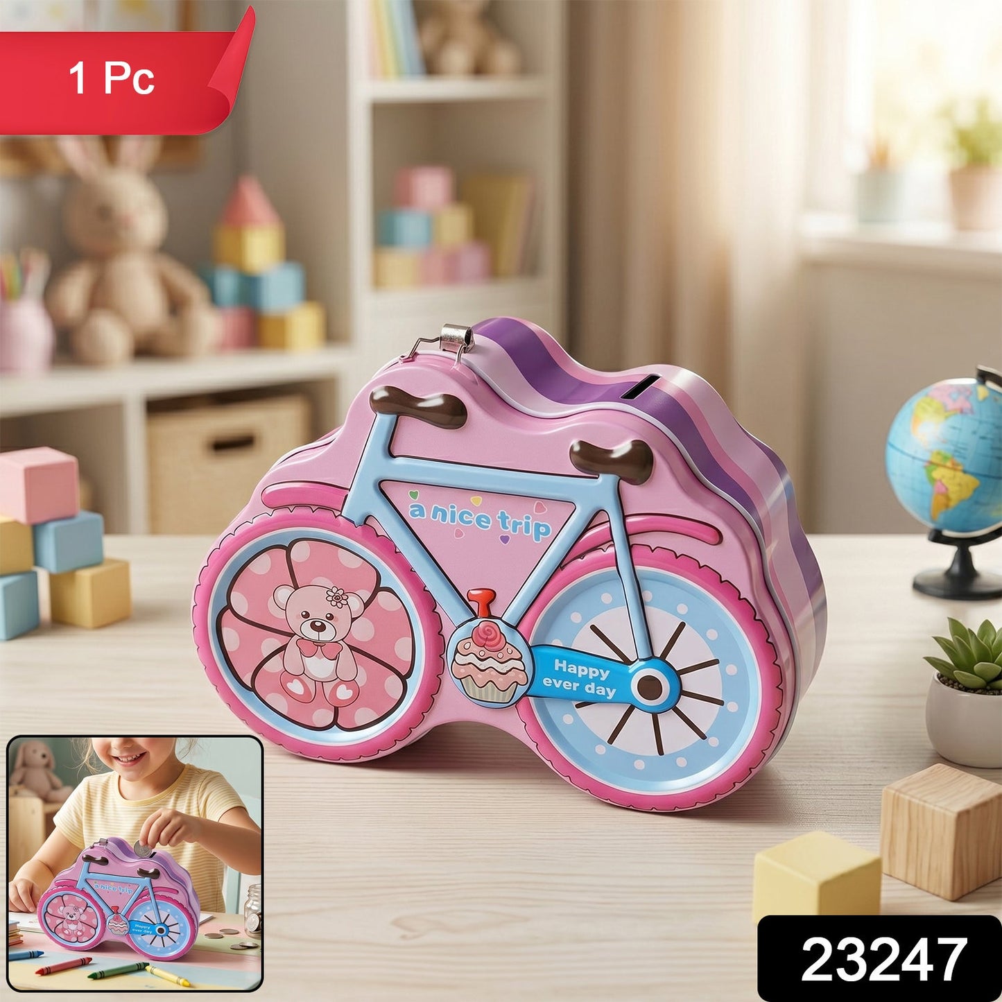 Colourful kid’s coin saving box with bicycle design
