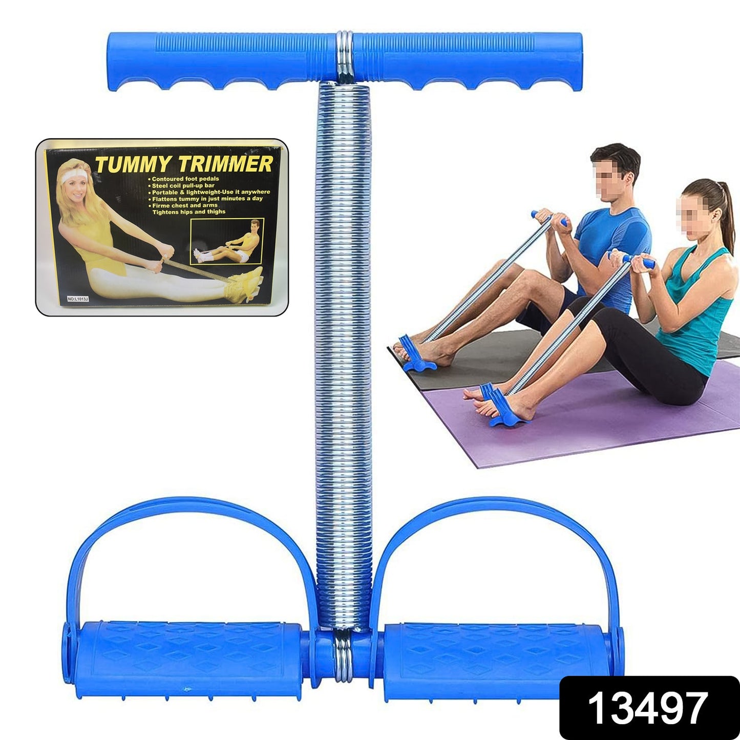A blue foot pedal exerciser with a metal spring is shown with a product box and two people exercising in the background.