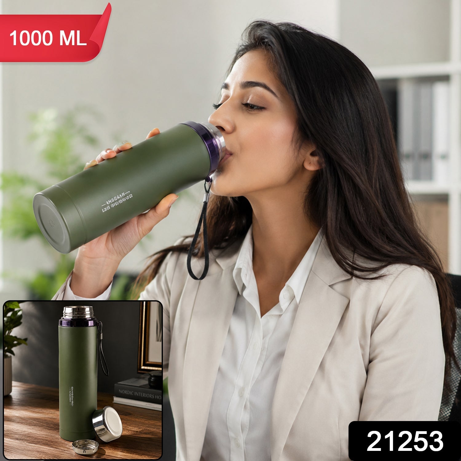 A woman in a beige blazer drinks from a matte green water bottle with a purple rim and black strap, with a '1000 ML' label.