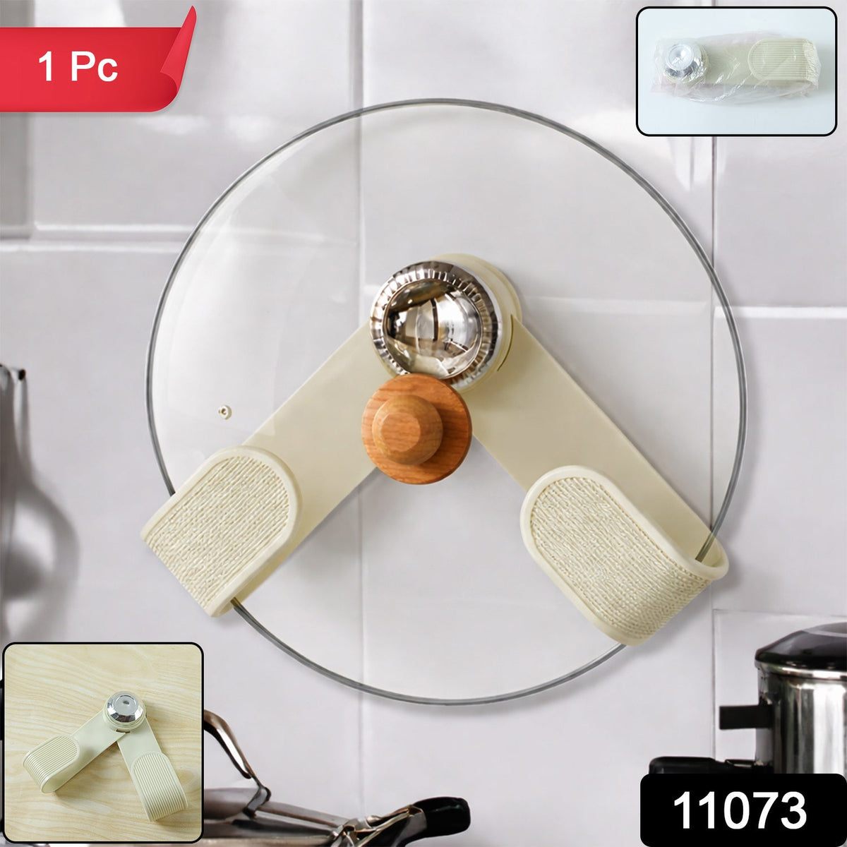 The cream-colored pot lid holder with a wooden knob and chrome accent is mounted on a white tiled kitchen wall.