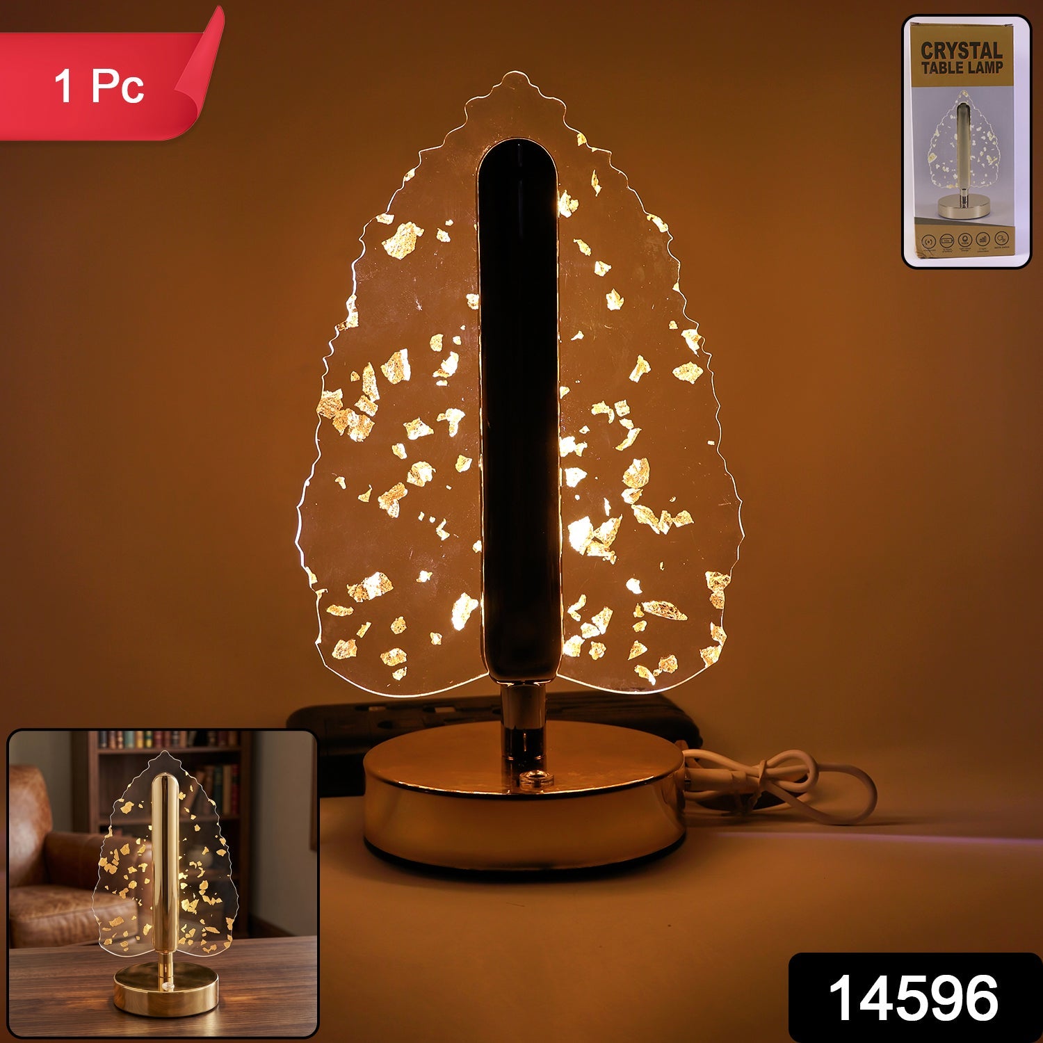 Close-up view of golden crystal leaf LED lamp with USB charging port