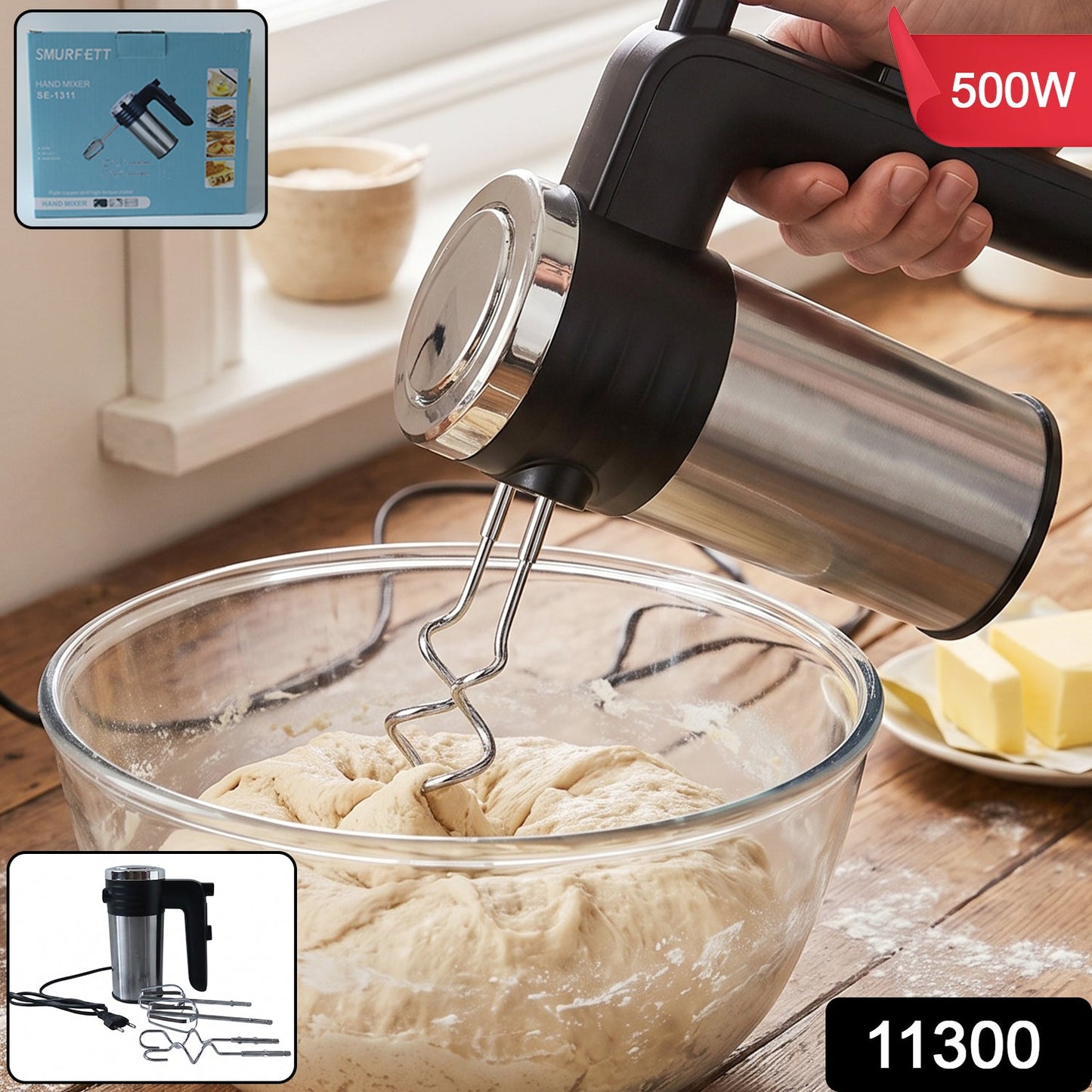 A hand holds a black and silver electric hand mixer with a dough hook in a glass bowl of dough on a wooden counter.
