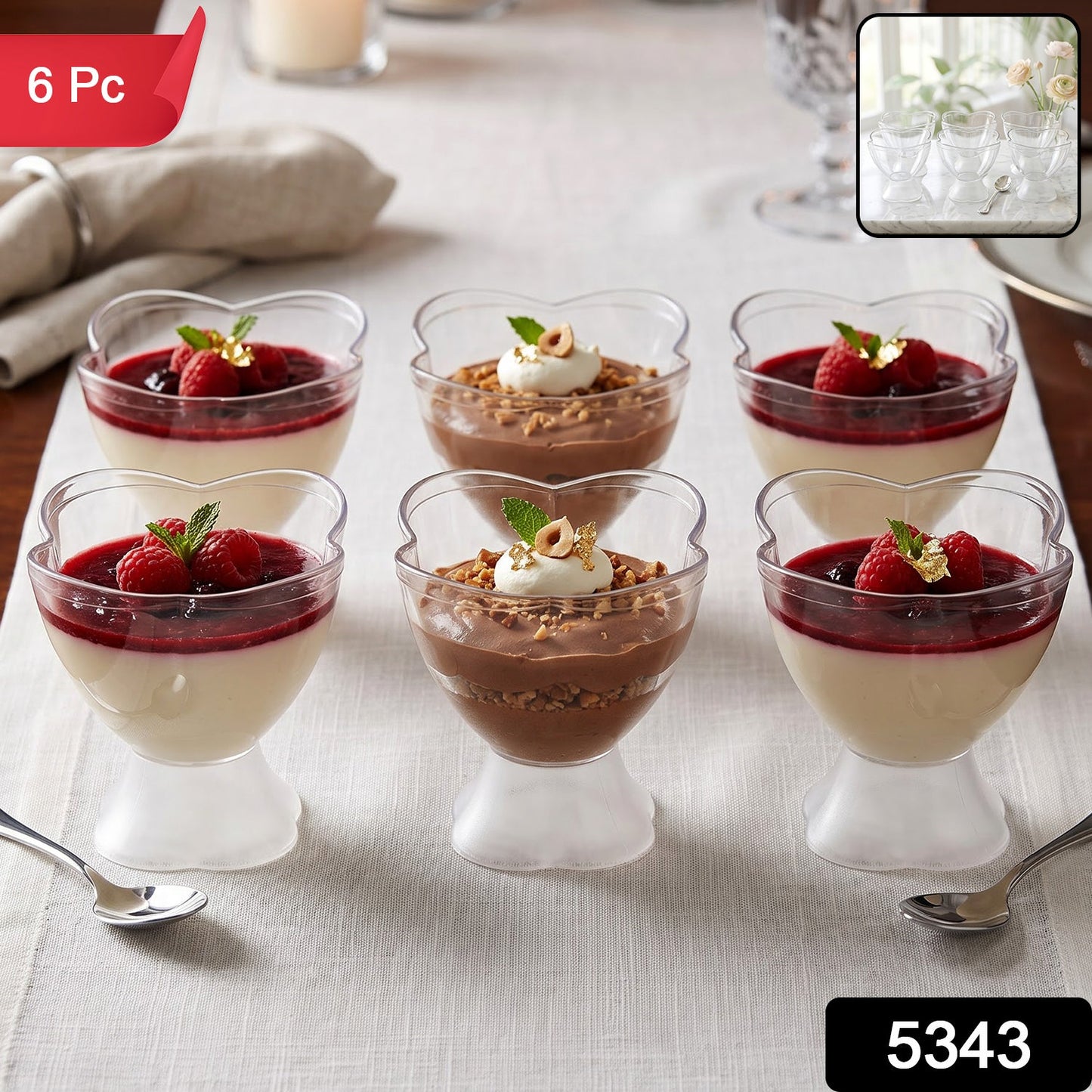 Six clear plastic dessert bowls with heart-shaped rims, filled with various desserts, on a white table runner, with '6 Pc'