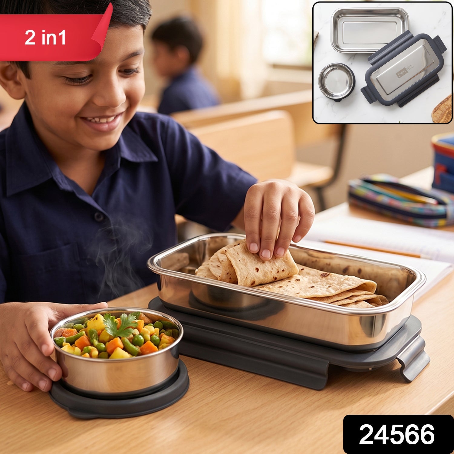 Two piece steel tiffin set with airtight lids